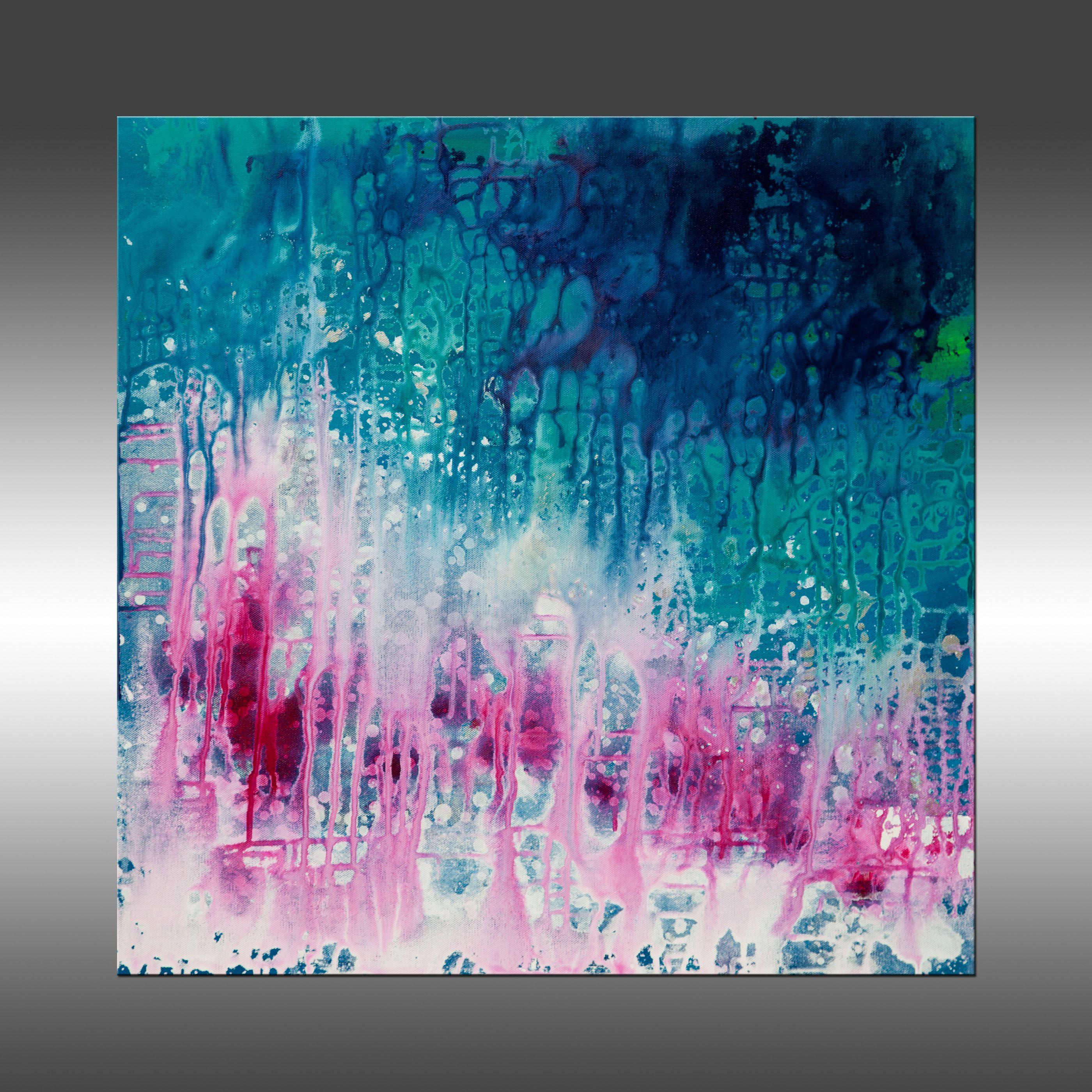 Connection is an original painting, created with acrylic paint on gallery-wrapped canvas. It has a width of 24 inches and a height of 24 inches with a depth of 1.5 inches (24x24x1.5).    The colors used in the painting are white, teal, fuchsia,