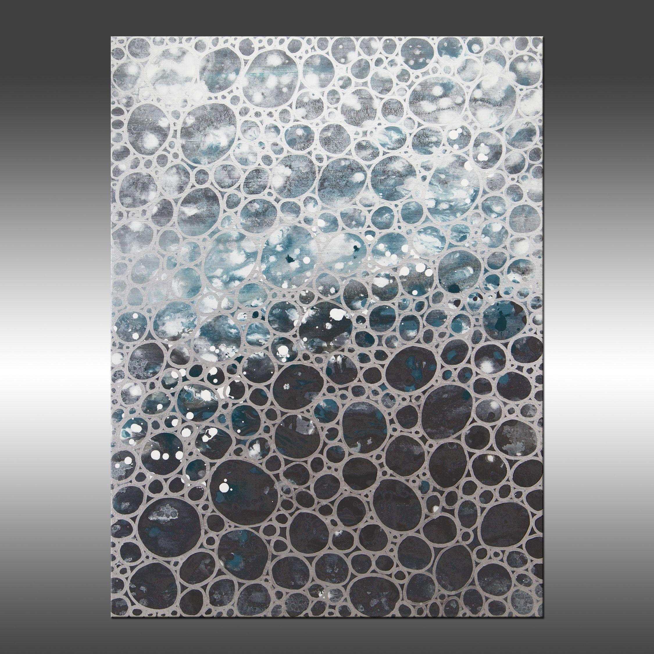 Dimension 38 is an original painting, created with acrylic paint on gallery-wrapped canvas. It has a width of 18 inches and a height of 24 inches with a depth of 1 inch (18x24x1).     The colors used in the painting are gray, white, smoky blue, and