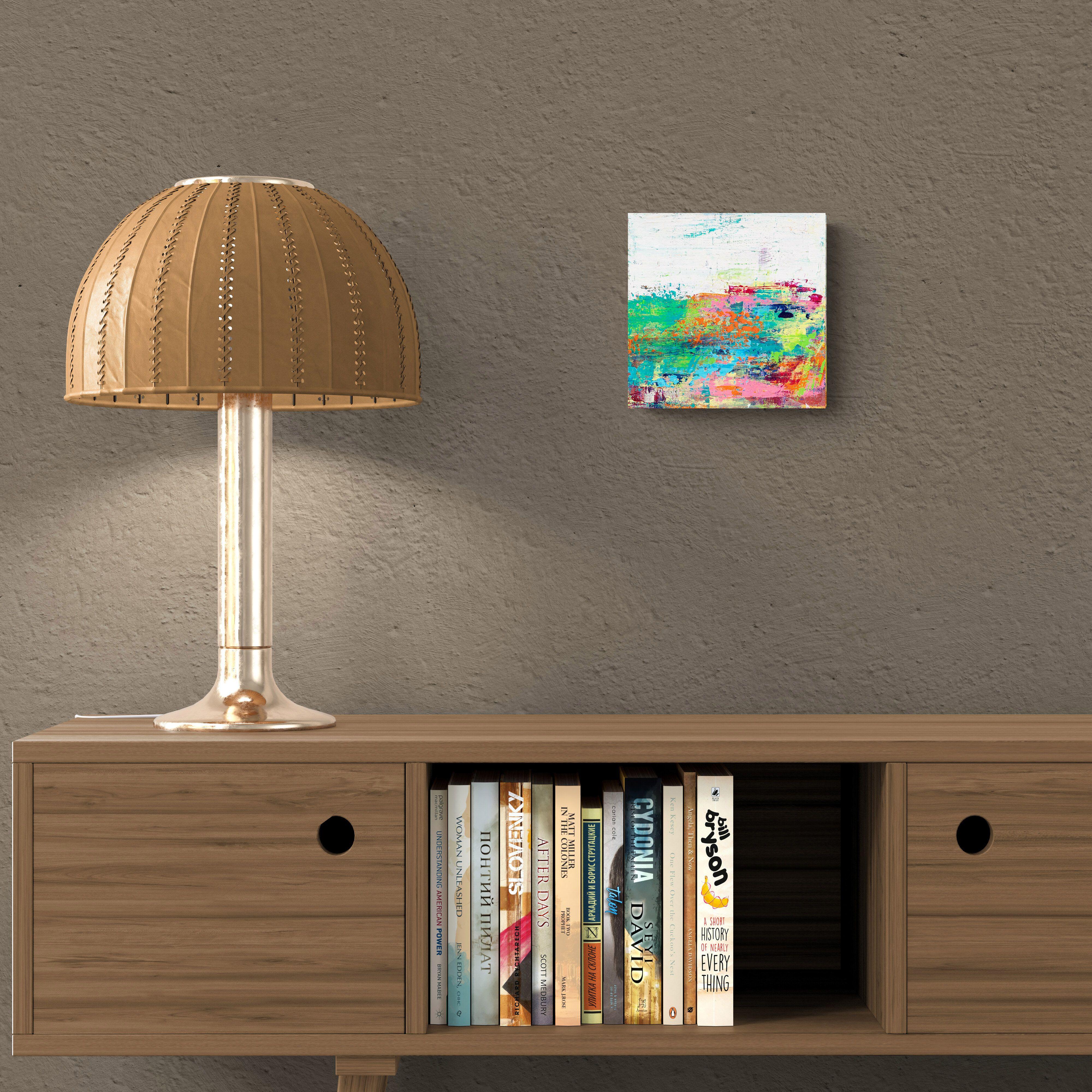 Marco de referencia 2 es un cuadro original, creado con pintura acrílica sobre lienzo envuelto en una galería. Tiene una anchura de 8 pulgadas y una altura de 8 pulgadas con una profundidad de 1,5 pulgadas (8x8x1,5).    Los colores utilizados en el