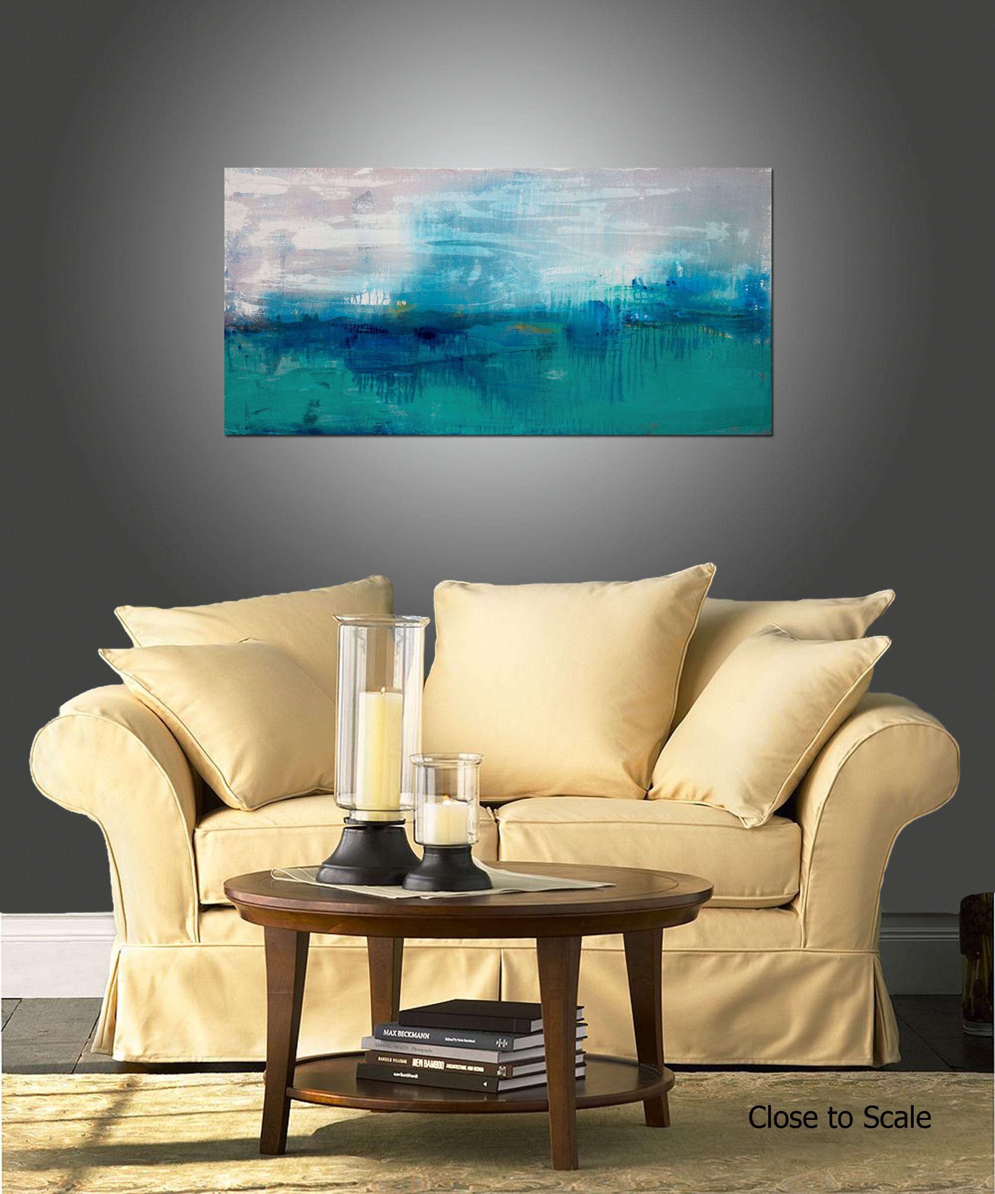 Heaven and Earth is an original painting, created with acrylic paint on gallery-wrapped canvas. It has a width of 48 inches and a height of 24 inches with a depth of 1.5 inches (24x48x1.5).     The colors used in the painting are white, blue, teal,