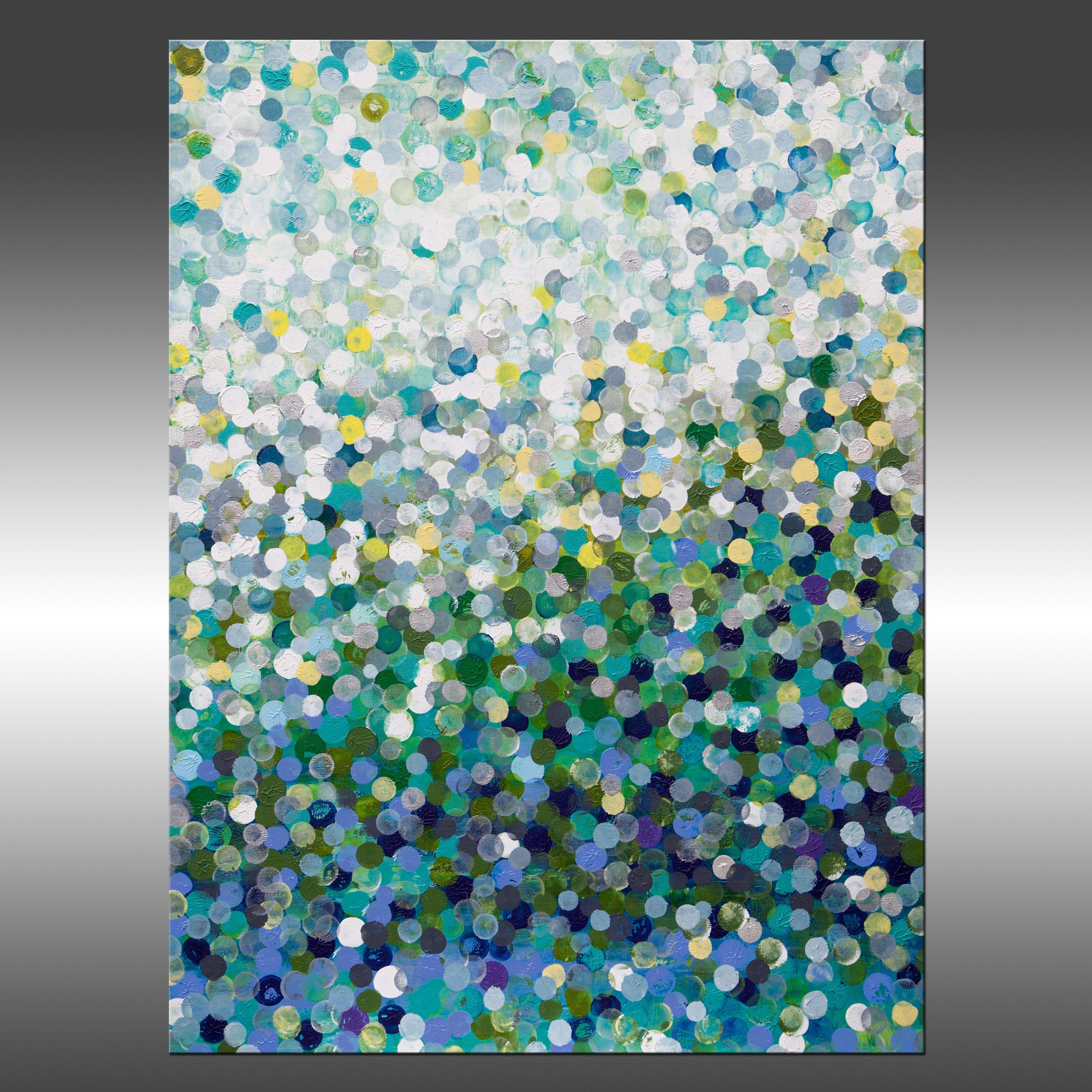 Infinity 1 is an original painting, created with acrylic paint on gallery-wrapped canvas. It has a width of 30 inches and a height of 40 inches with a depth of 1.5 inches (30x40x1.5).    The colors used in the painting are white, teal, green,