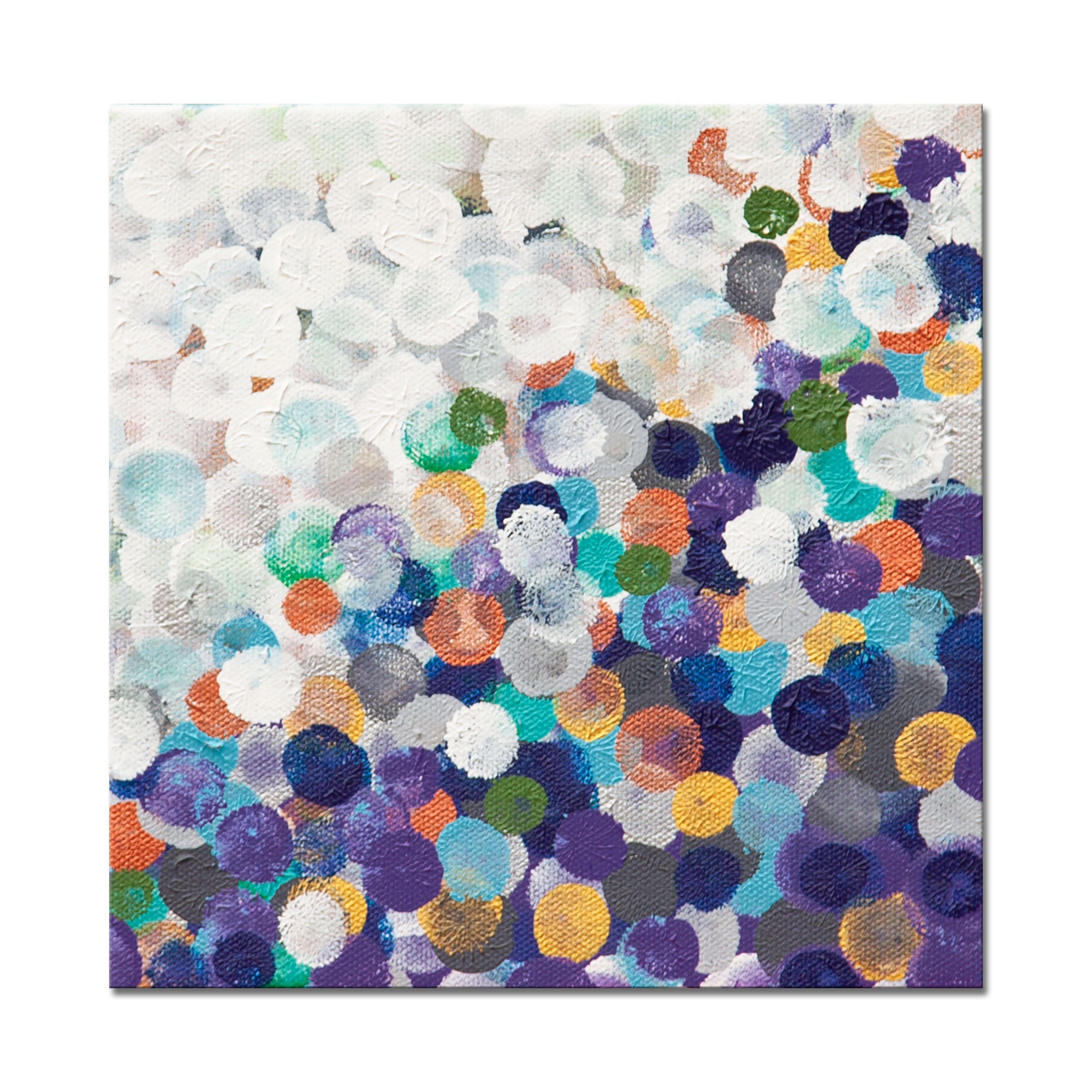 Infinity 2 is an original painting, created with acrylic paint on gallery-wrapped canvas. It has a width of 8 inches and a height of 8 inches with a depth of 1.5 inches (8x8x1.5). The colors used in the painting are white, blue, teal, silver, gold,