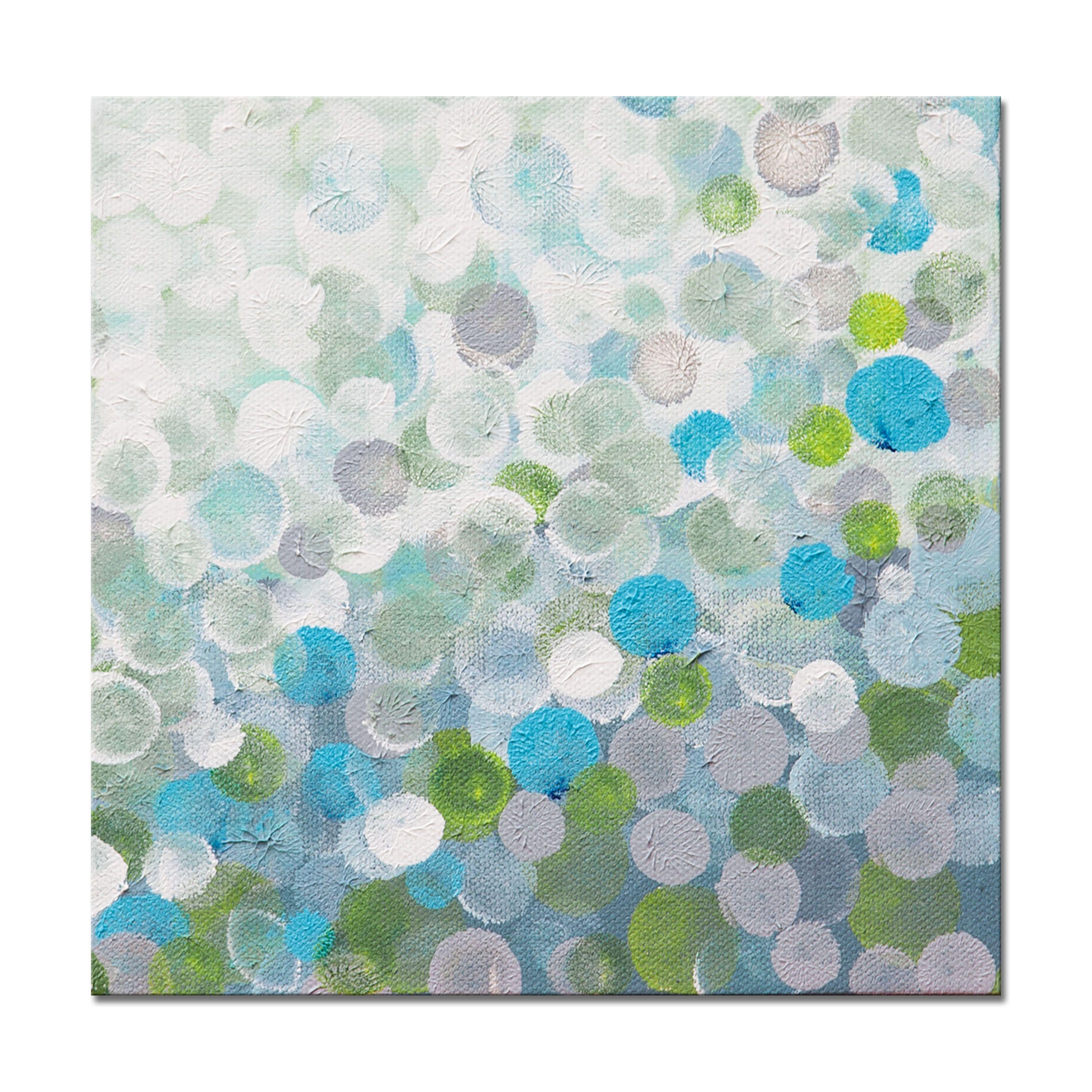 Infinity 3 is an original painting, created with acrylic paint on gallery-wrapped canvas. It has a width of 8 inches and a height of 8 inches with a depth of 1.5 inches (8x8x1.5). The colors used in the painting are white, blue, green, and gray, and