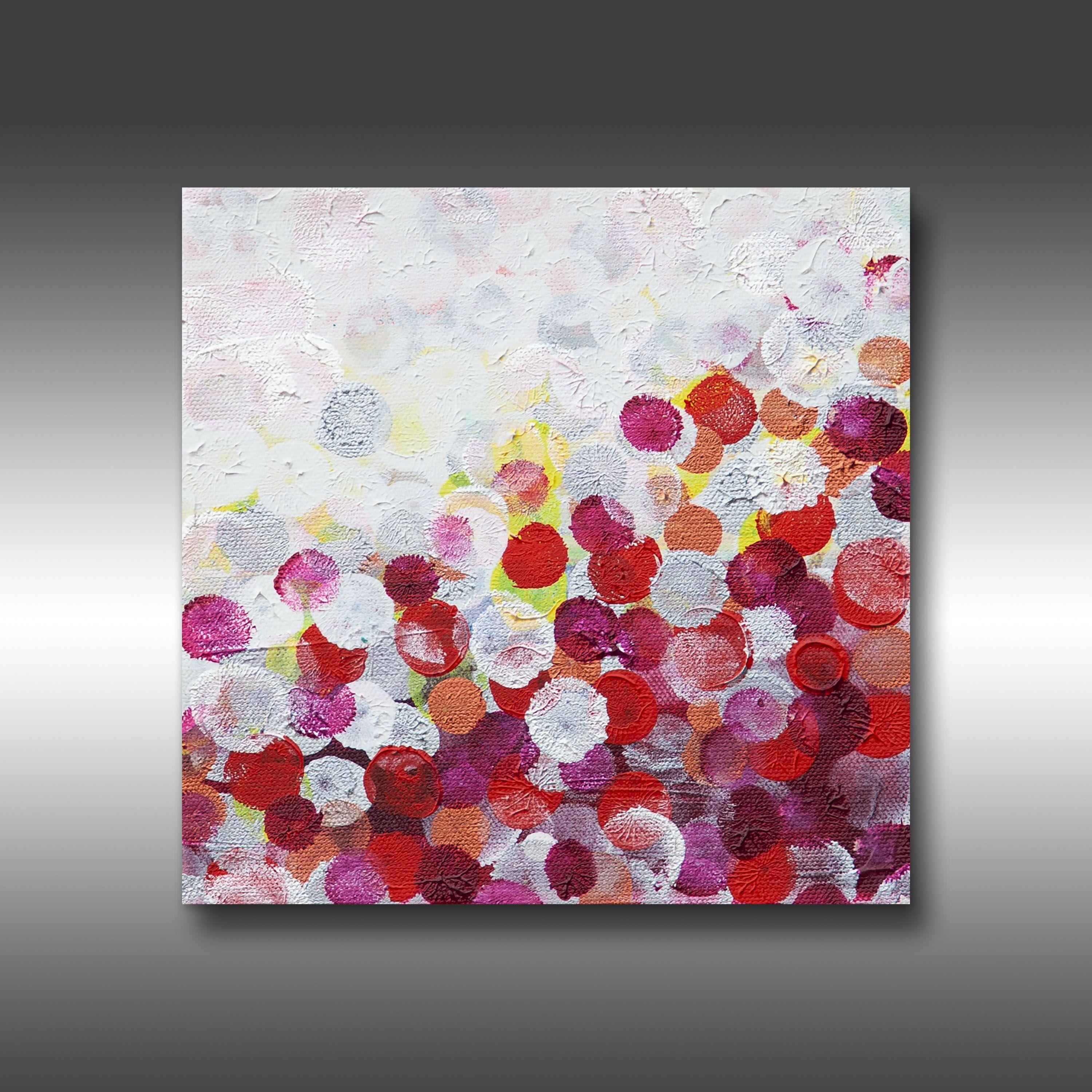 Infinity 4 is an original painting, created with acrylic paint on gallery-wrapped canvas. It has a width of 8 inches and a height of 8 inches with a depth of 1.5 inches (8x8x1.5). The colors used in the painting are white, red, fuchsia, pink,