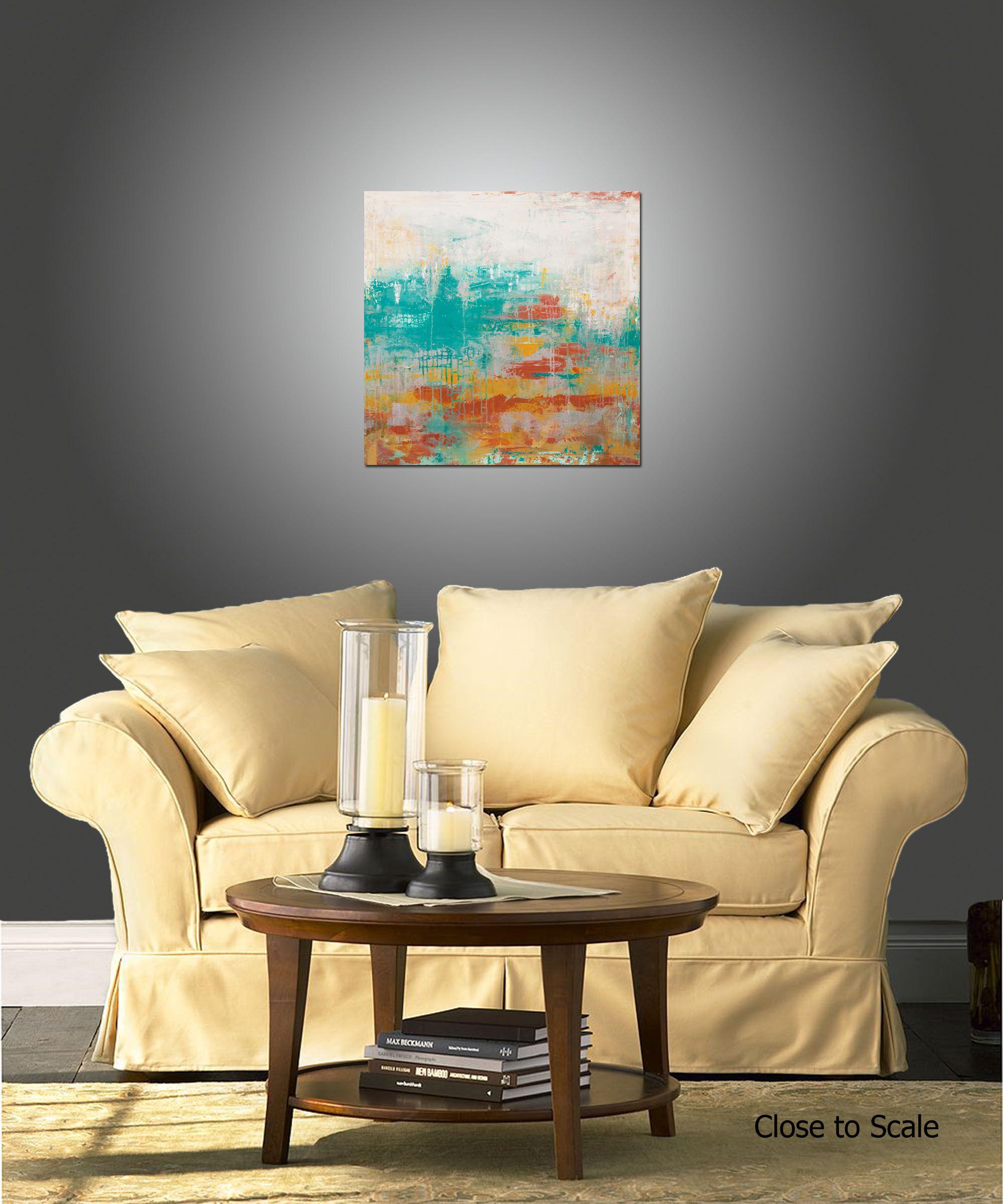 Into the Horizon is an original painting, created with acrylic paint on gallery-wrapped canvas. It has a width of 30 inches and a height of 30 inches with a depth of 1.5 inches (30x30x1.5). The painting continues onto the edges of the canvas,