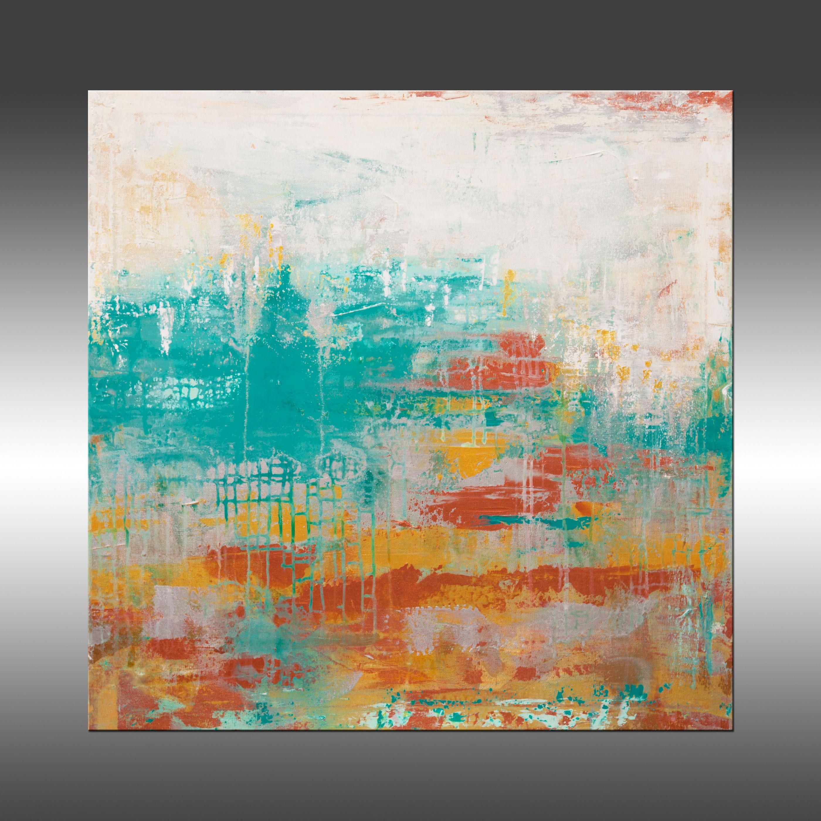 Hacia el horizonte es un cuadro original, creado con pintura acrílica sobre lienzo envuelto para galería. Tiene una anchura de 30 pulgadas y una altura de 30 pulgadas con una profundidad de 1,5 pulgadas (30x30x1,5). La pintura continúa en los bordes