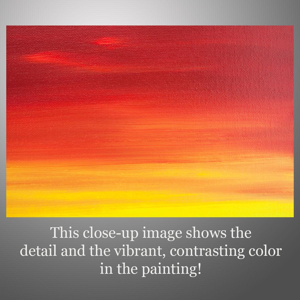 Island Sky 4 ist ein originelles, modernes Gemälde aus der Sunrise-Serie. Dieses einmalige Gemälde wurde mit Acrylfarbe auf galerieumwickelter Leinwand gemalt. Es hat eine Breite von 24 Zoll und eine Höhe von 24 Zoll mit einer Tiefe von 1 Zoll