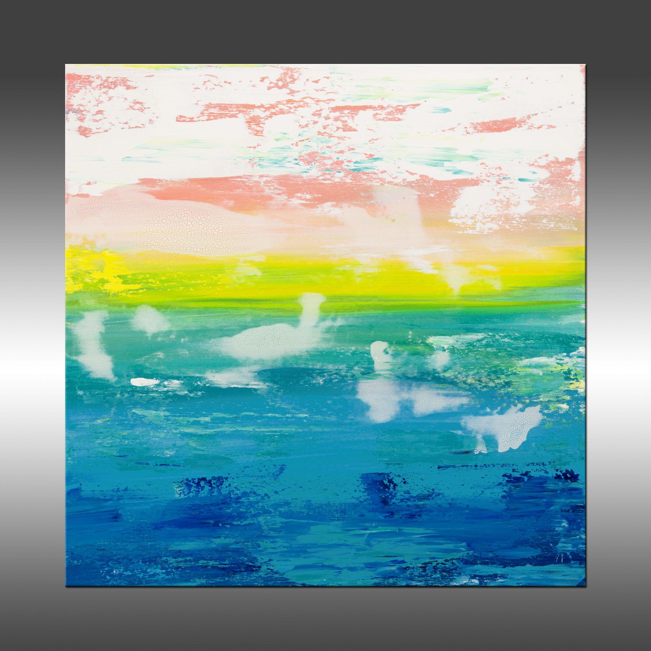 Island Time is an original painting, created with acrylic paint on gallery-wrapped canvas. It has a width of 20 inches and a height of 20 inches with a depth of 1.5 inches (20x20x1.5).    The colors used in the painting are pink/salmon, yellow,