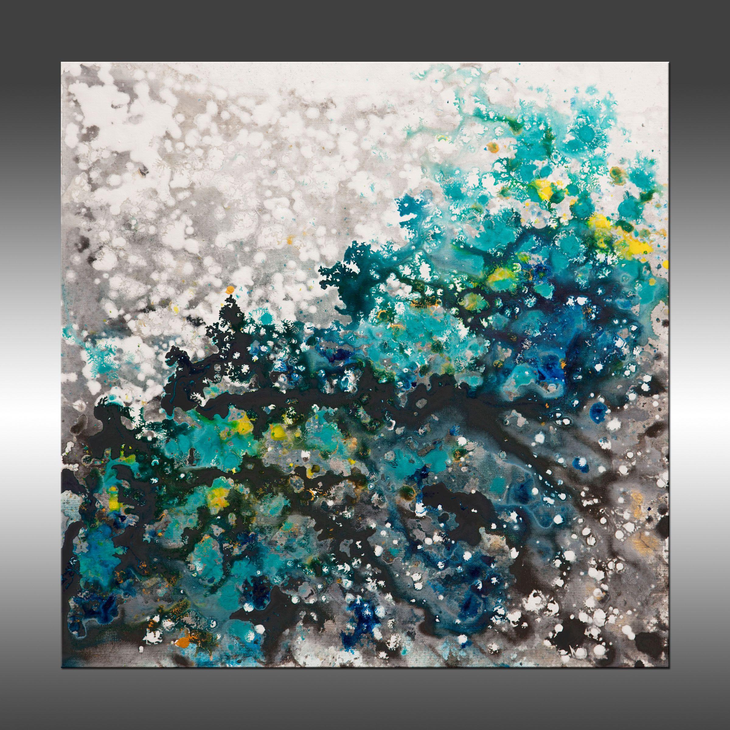 Liquid Energy 27 is an original painting, created with acrylic paint on gallery-wrapped canvas. It has a width of 24 inches and a height of 24 inches with a depth of 1 inch (24x24x1).    The colors used in the painting are white, gray, yellow, teal,