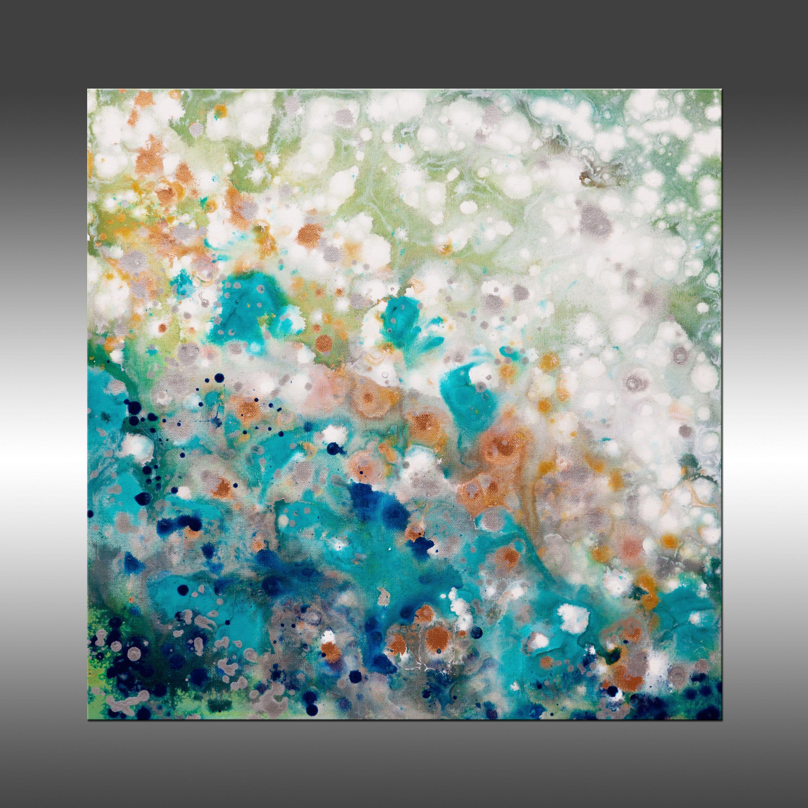 Liquid Energy 33 is an original painting, created with acrylic paint on gallery-wrapped canvas. It has a width of 24 inches and a height of 24 inches with a depth of 1.5 inches (24x24x1.5).    The colors used in the painting are white, blue, green,