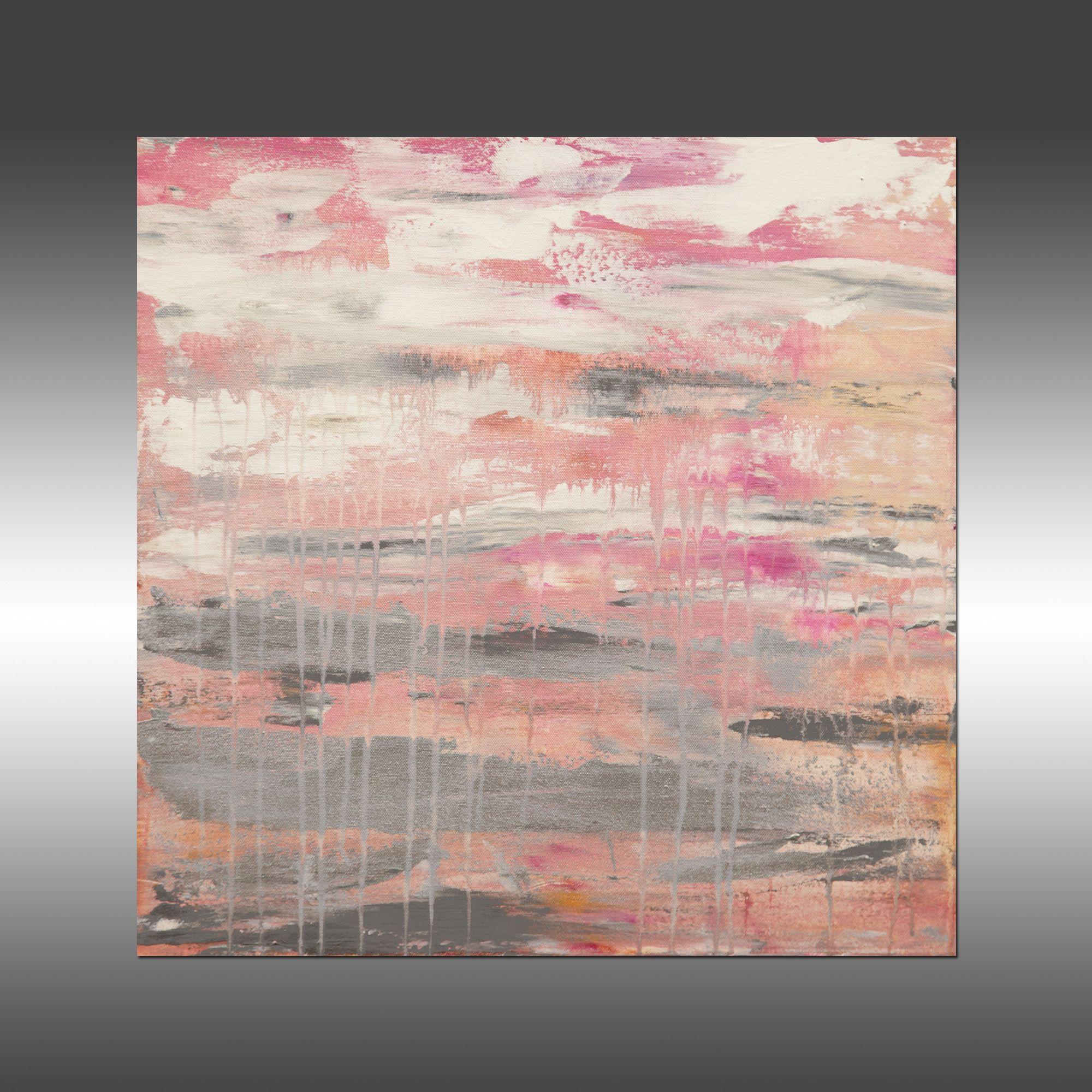 Lithosphere 178 is an original painting, created with acrylic paint on gallery-wrapped canvas. It has a width of 20 inches and a height of 20 inches with a depth of 1 inch (20x20x1).     The colors used in the painting are pink, white, gray, and