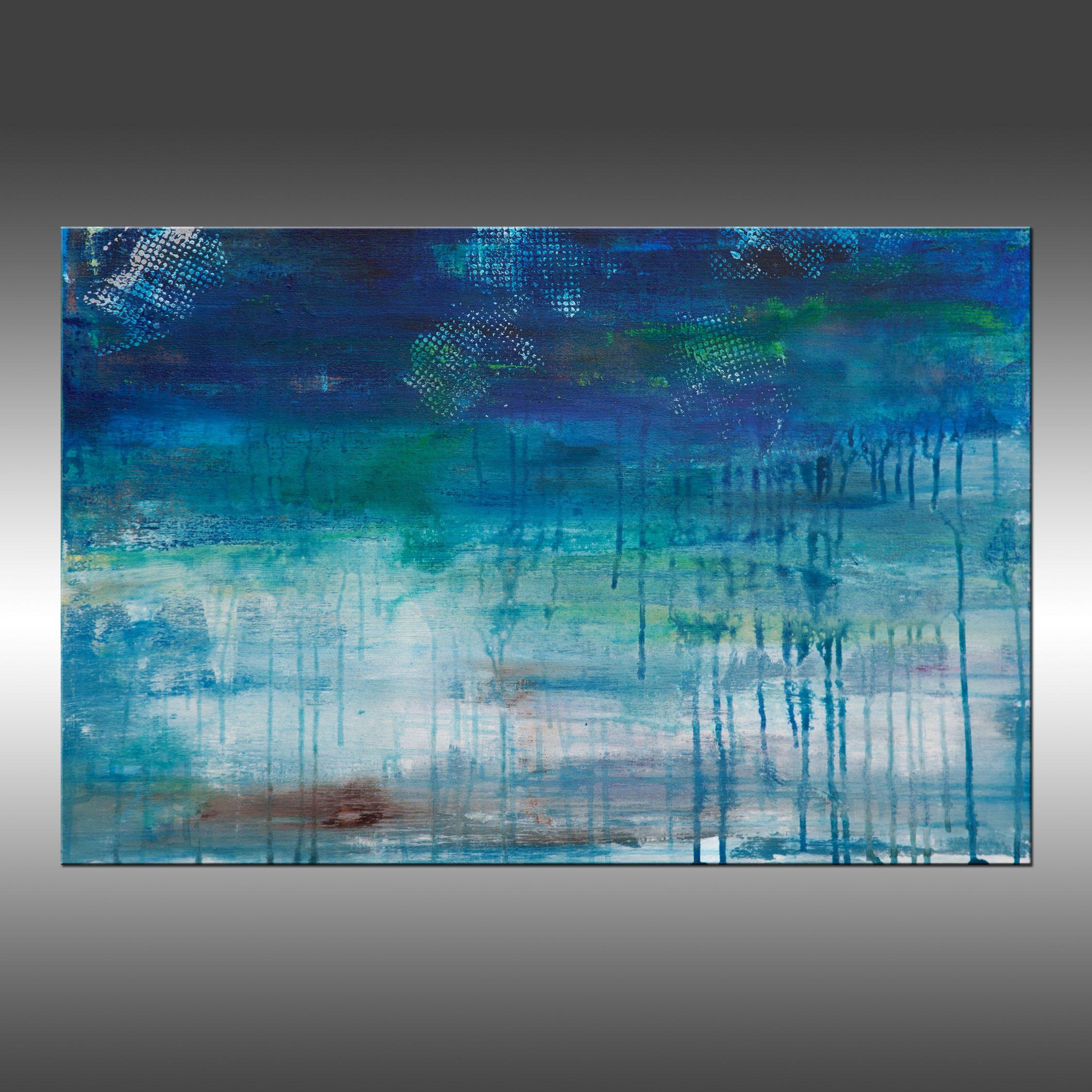 Lithosphere 185 is an original painting, created with acrylic paint on gallery-wrapped canvas. It has a width of 30 inches and a height of 20 inches with a depth of 1.5 inches (20x30x1.5).    The colors used in the painting are teal, blue, green,
