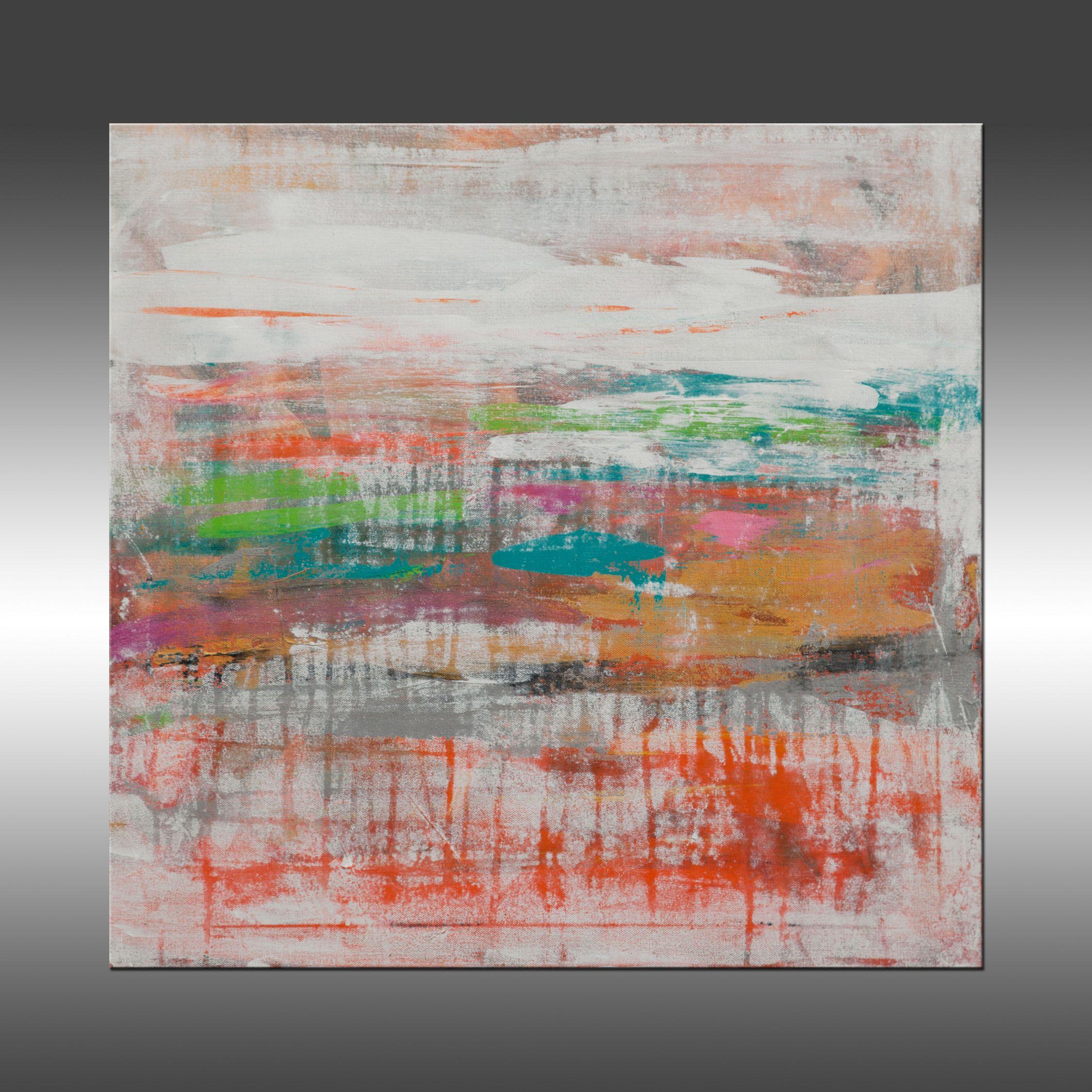 Lithosphere 189 is an original painting, created with acrylic paint on gallery-wrapped canvas. It has a width of 24 inches and a height of 24 inches with a depth of 1.5 inches (24x24x1.5).    The colors used in the painting are orange, white, pink,