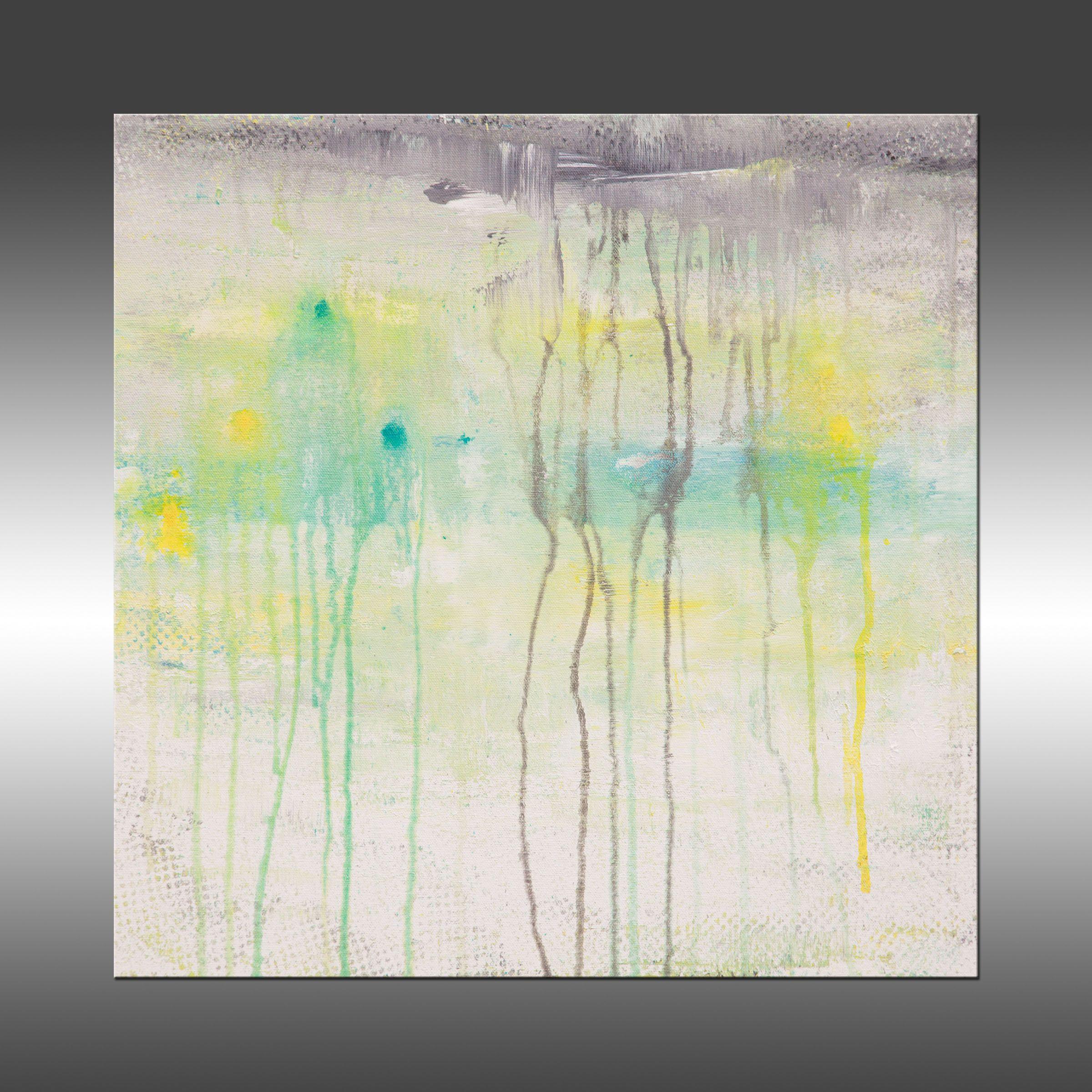 Lithosphere 190 is an original painting, created with acrylic paint on gallery-wrapped canvas. It has a width of 20 inches and a height of 20 inches with a depth of 1.5 inches (20x20x1.5).    The colors used in the painting are white, gray, yellow,