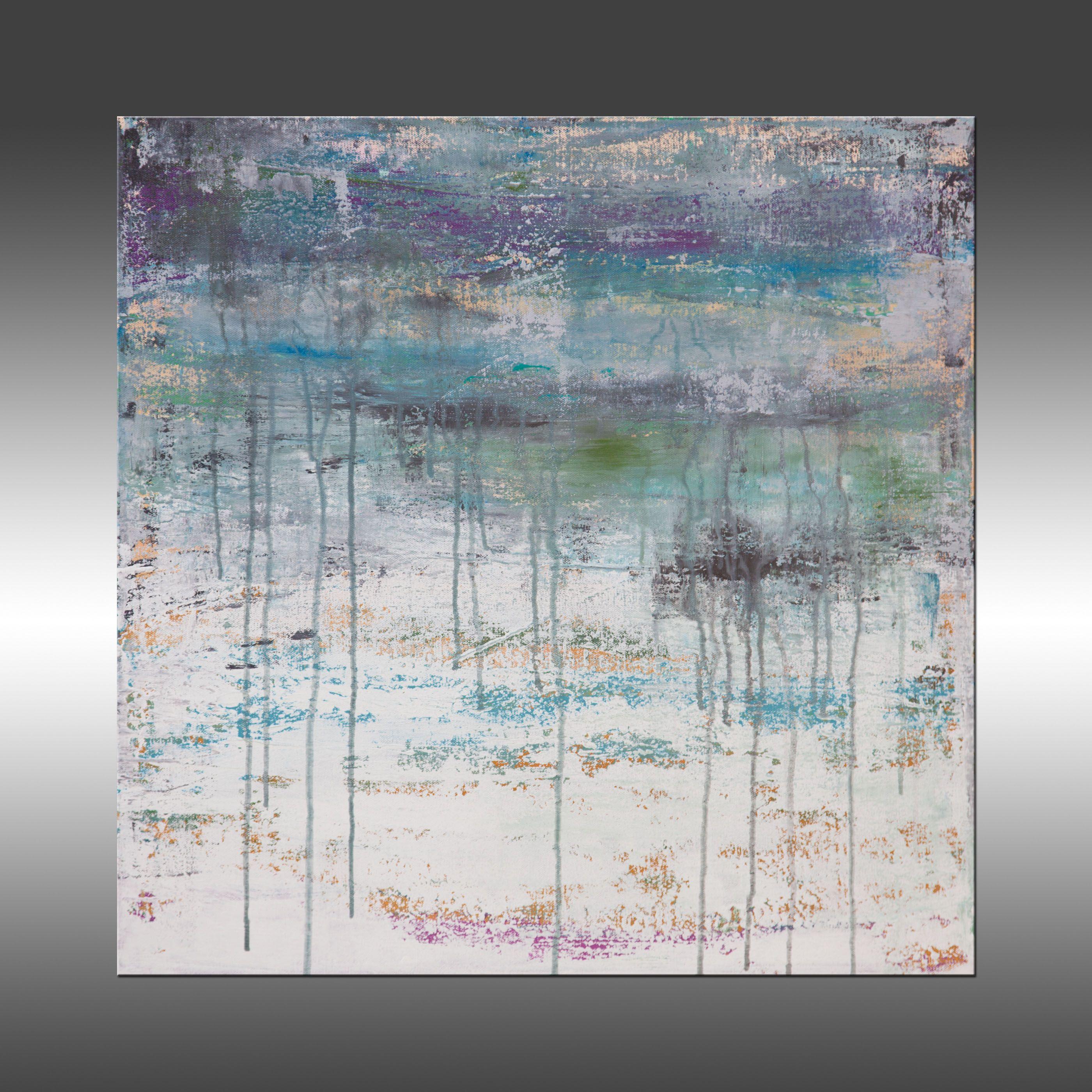 Lithosphere 197 is an original painting, created with acrylic paint on gallery-wrapped canvas. It has a width of 24 inches and a height of 24 inches with a depth of 1 inch (24x24x1).    The colors used in the painting are white, teal, golden yellow,