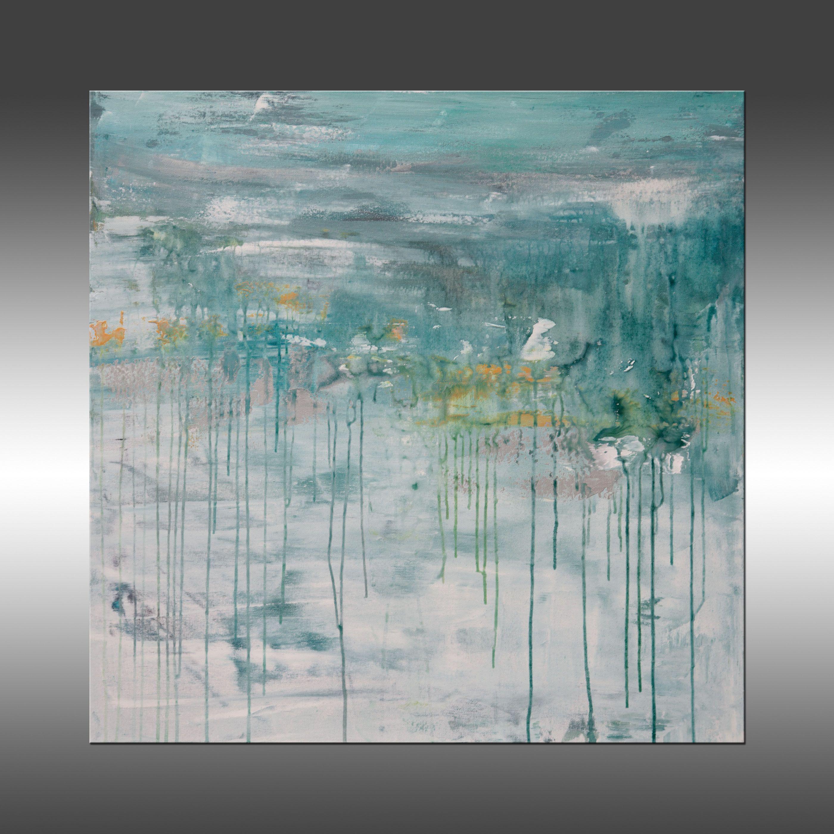 Lithosphere 205 is an original painting, created with acrylic paint on gallery-wrapped canvas. It has a width of 30 inches and a height of 30 inches with a depth of 1.5 inches (30x30x1.5).    The colors used in the painting are white, gray, blue,