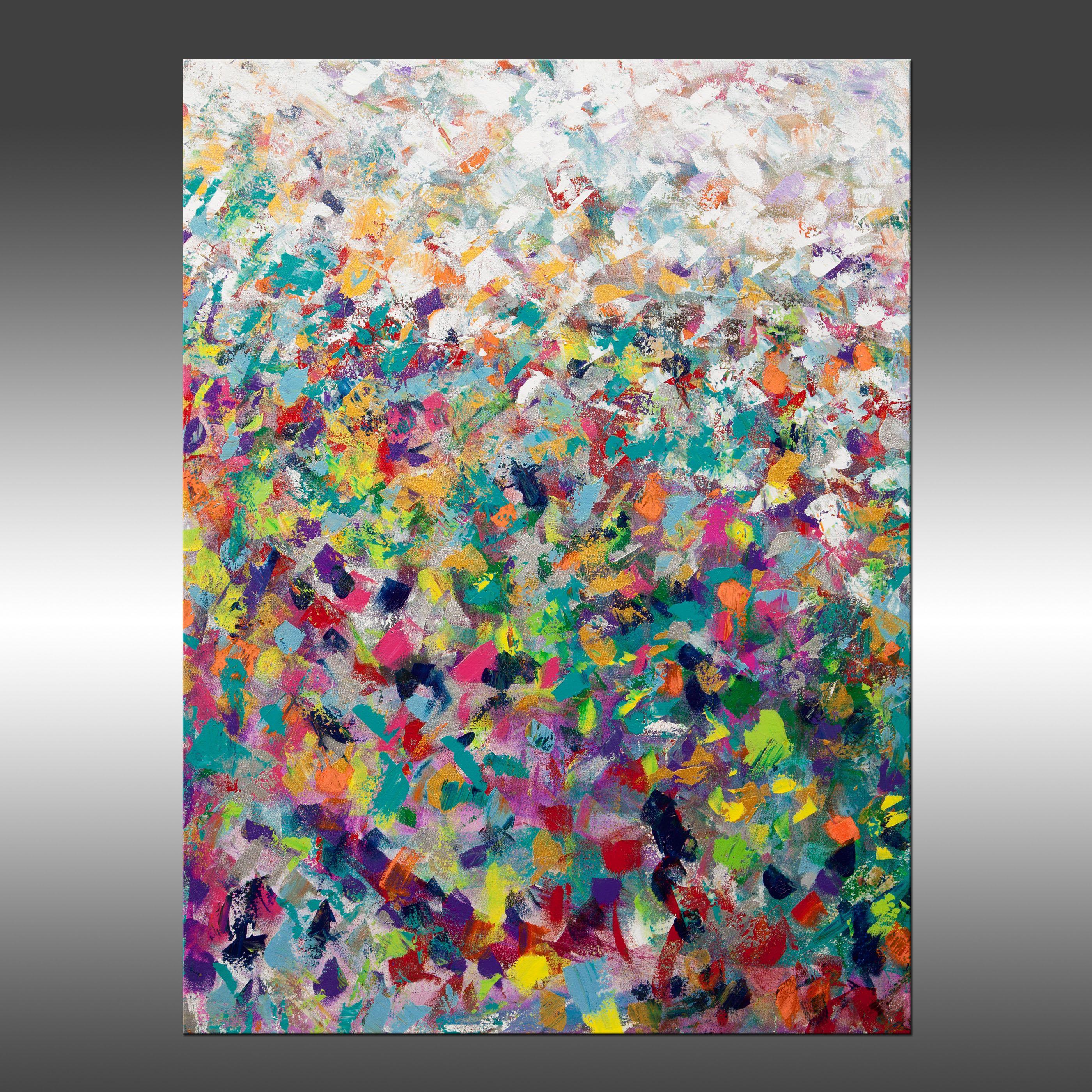 Magnetic 2 is an original painting, created with acrylic paint on gallery-wrapped canvas. It has a width of 30 inches and a height of 40 inches with a depth of 1.5 inches (30x40x1.5).     The colors used in the painting are white, teal, green, gold,