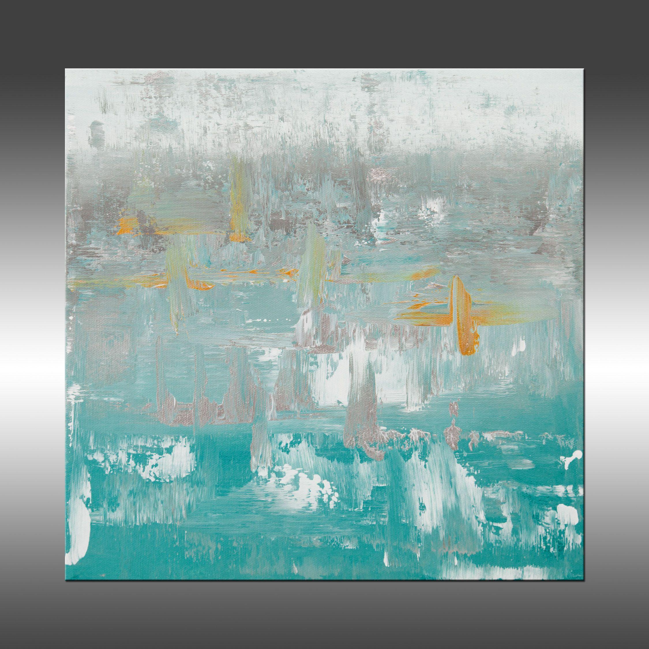 Modern Alchemy is an original painting, created with acrylic paint on gallery-wrapped canvas. It has a width of 12 inches and a height of 12 inches with a depth of 1.5 inches (12x12x1.5).    The colors used in the painting are gray, white, teal, and