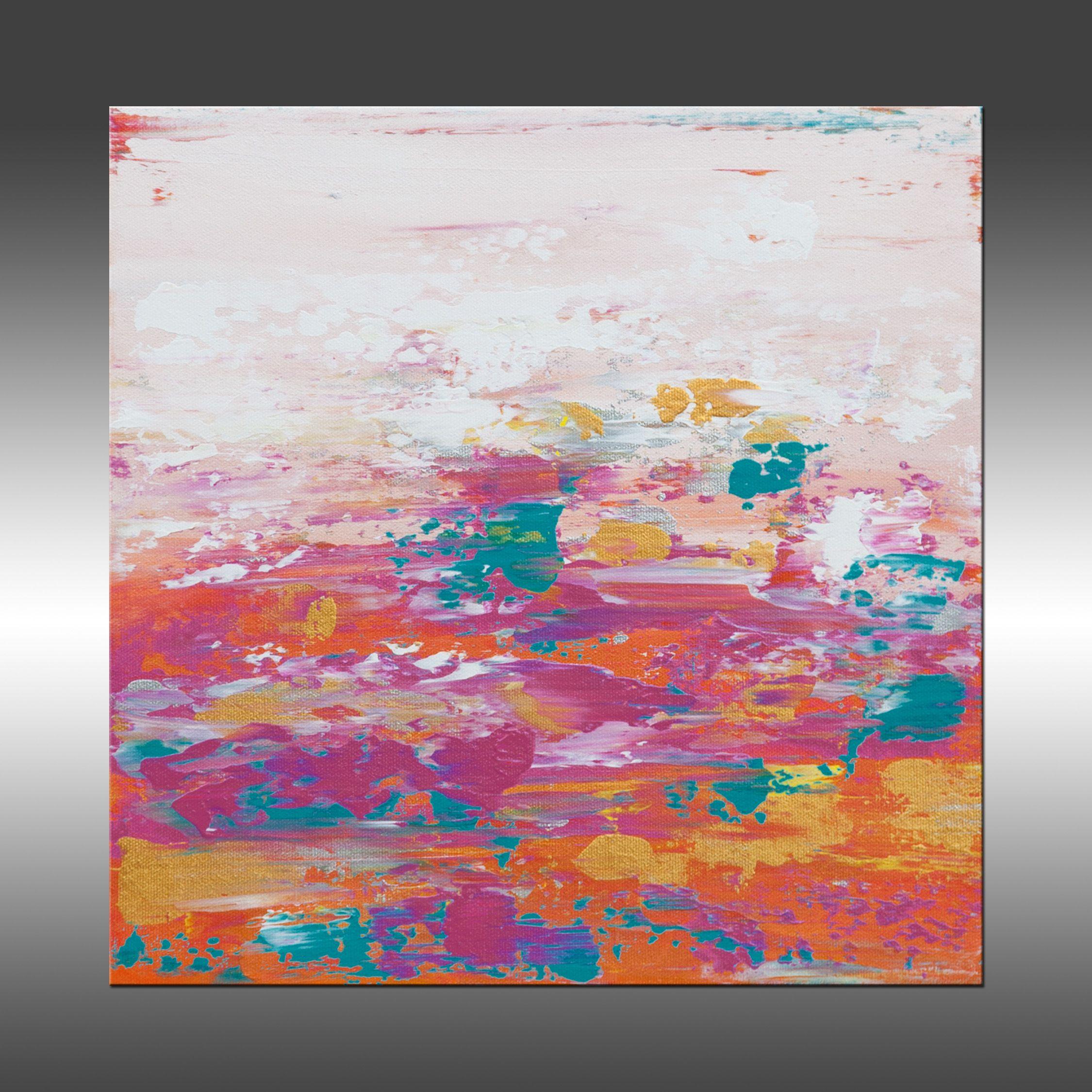 Modern Industrial 40 is an original painting, created with acrylic paint on gallery-wrapped canvas. It has a width of 12 inches and a height of 12 inches with a depth of 1.5 inches (12x12x1.5).     The colors used in the painting are white, pink,