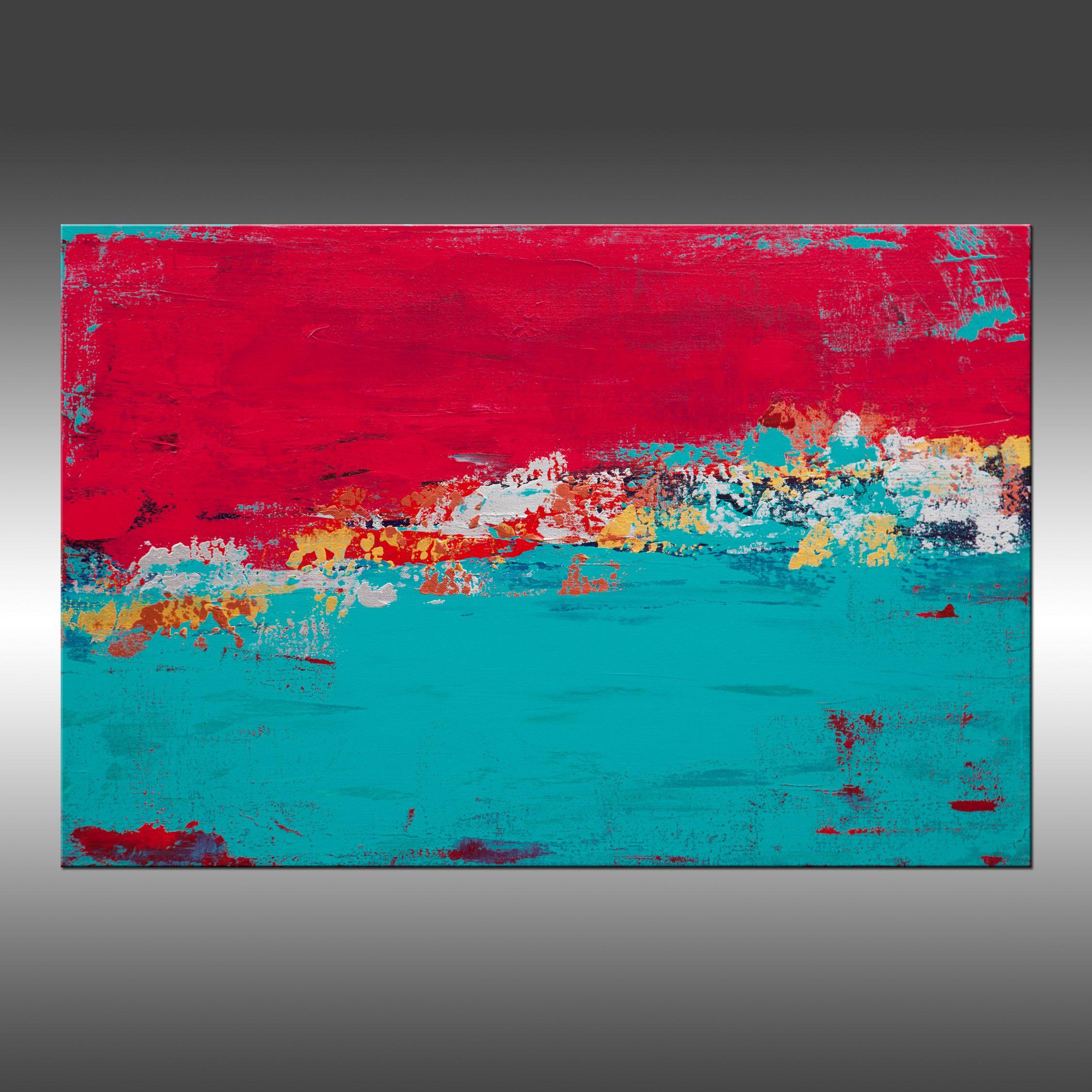 Modern Industrial 44 is an original painting, created with acrylic paint on gallery-wrapped canvas. It has a width of 30 inches and a height of 20 inches with a depth of 1.5 inches (20x30x1.5).    The colors used in the painting are red, teal, blue,