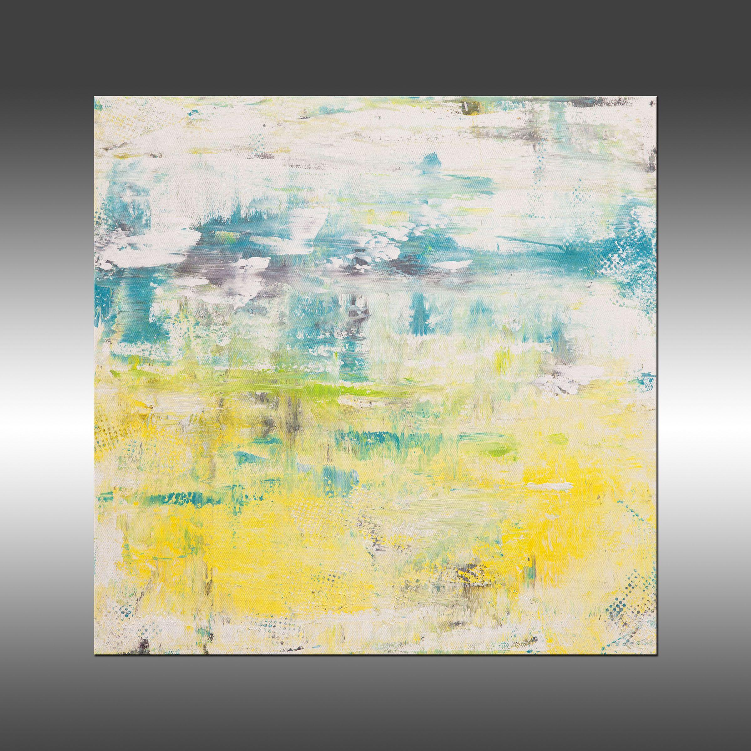 Modern Industrial 48 is an original painting, created with acrylic paint on gallery-wrapped canvas. It has a width of 24 inches and a height of 24 inches with a depth of 1 inch (24x24x1).    The colors used in the painting are white, gray, yellow,