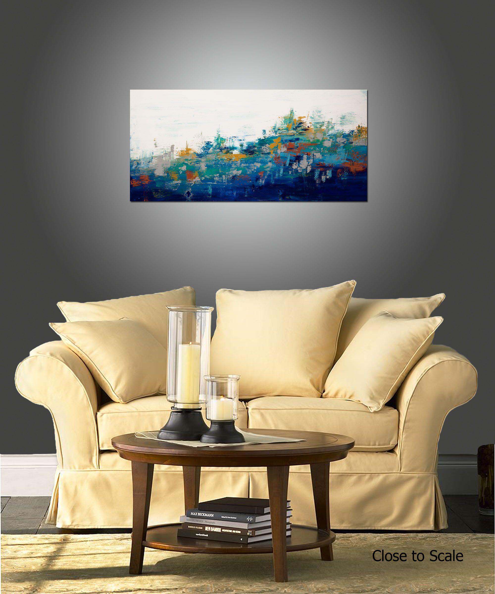 Mountain Vista 2 is an original painting, created with acrylic paint on gallery-wrapped canvas. It has a width of 48 inches and a height of 24 inches with a depth of 1.5 inches (24x48x1.5).    The colors used in the painting are white, blue, teal,