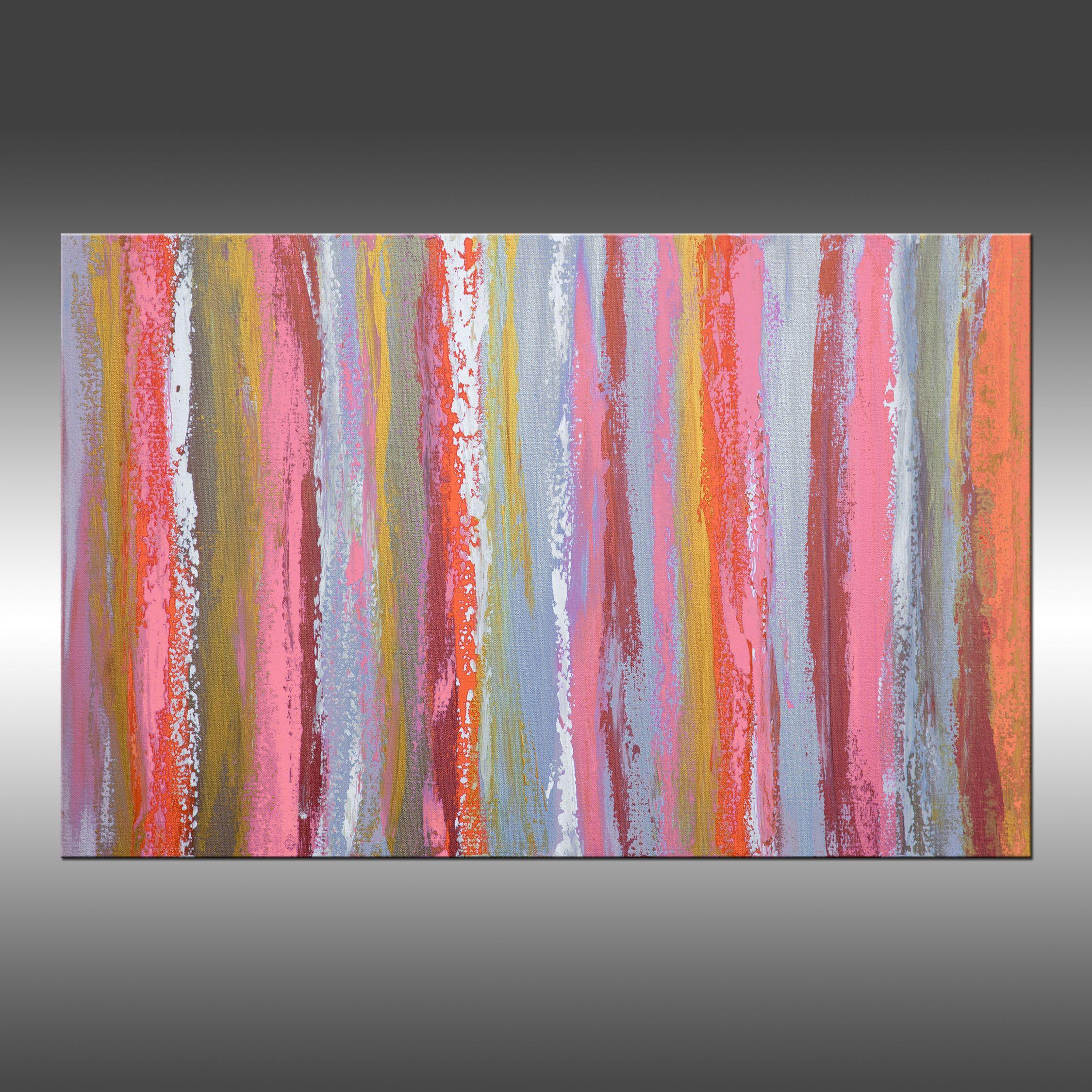 Pink & Metal 2 is an original painting, created with acrylic paint on gallery-wrapped canvas. It has a width of 30 inches and a height of 20 inches with a depth of 1.5 inches (20x30x1.5). This painting can be hung vertically or horizontally.    The