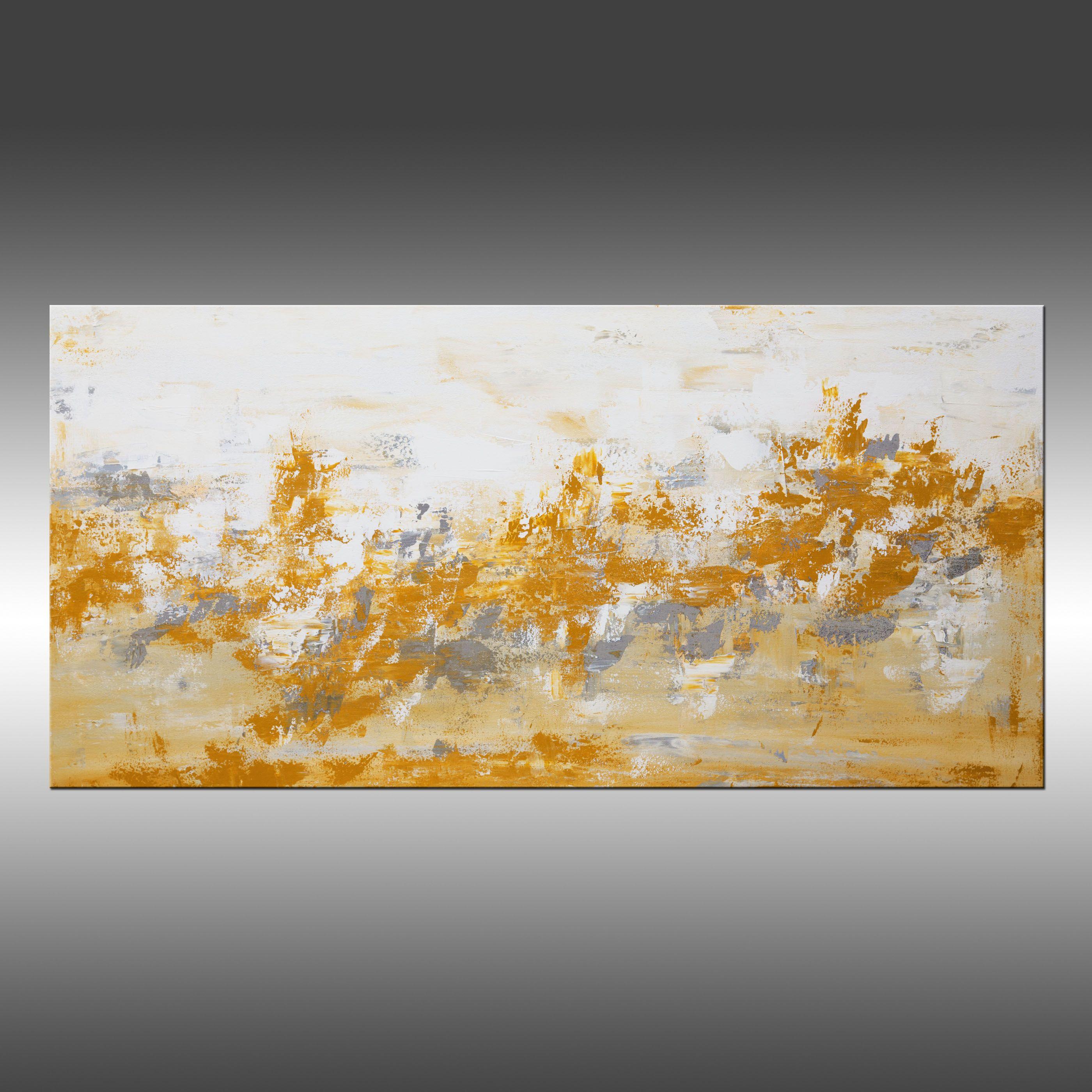Rising Spirit 4 is an original painting, created with acrylic paint on gallery-wrapped canvas. It has a width of 48 inches and a height of 24 inches with a depth of 1.5 inches (24x48x1.5).     The colors used in the painting are white, taupe, golden