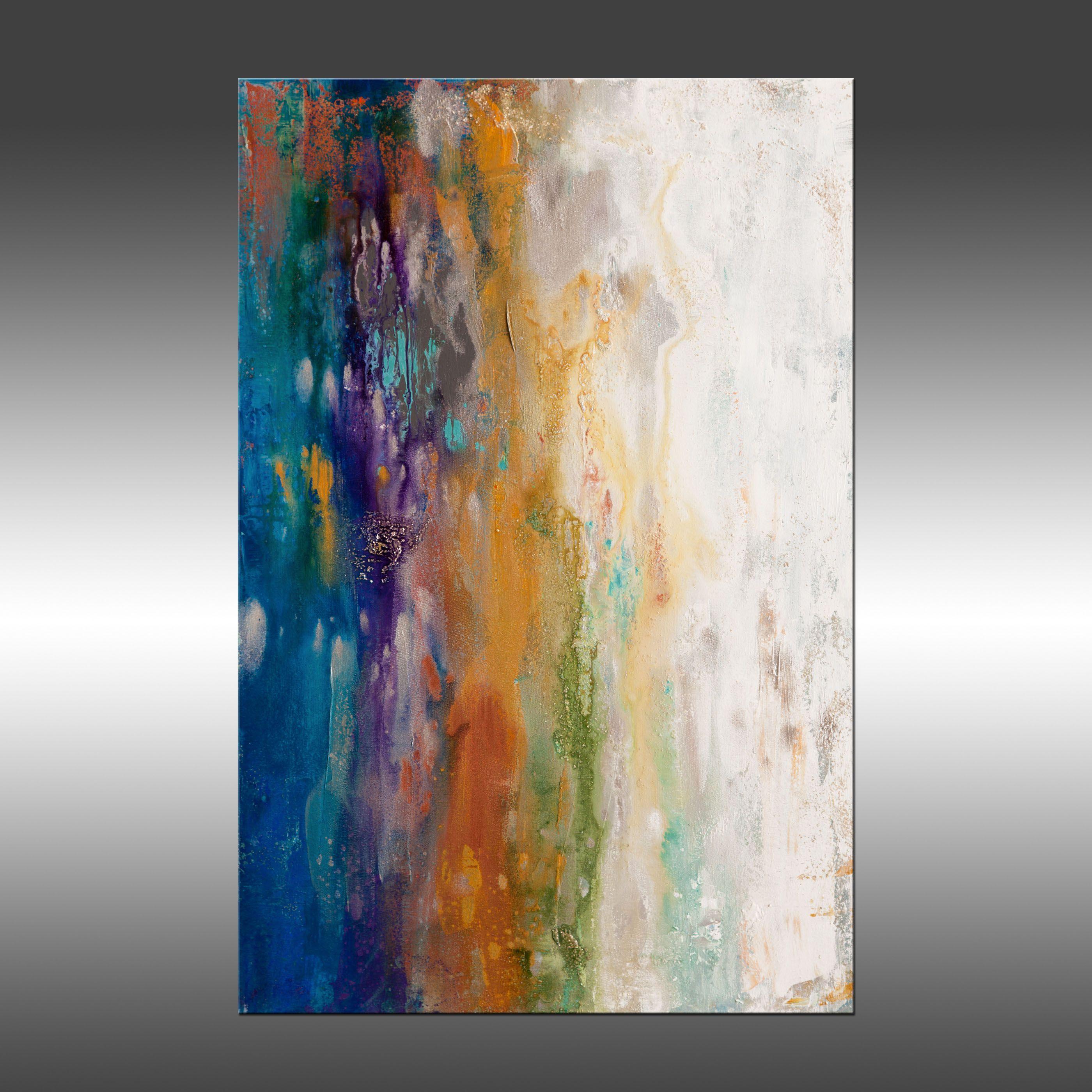 Saltwater 1 is an original painting, created with acrylic paint on gallery-wrapped canvas. It has a width of 36 inches and a height of 24 inches with a depth of 1.5 inches (36x24x1.5). This painting can be hung vertically or horizontally.    The