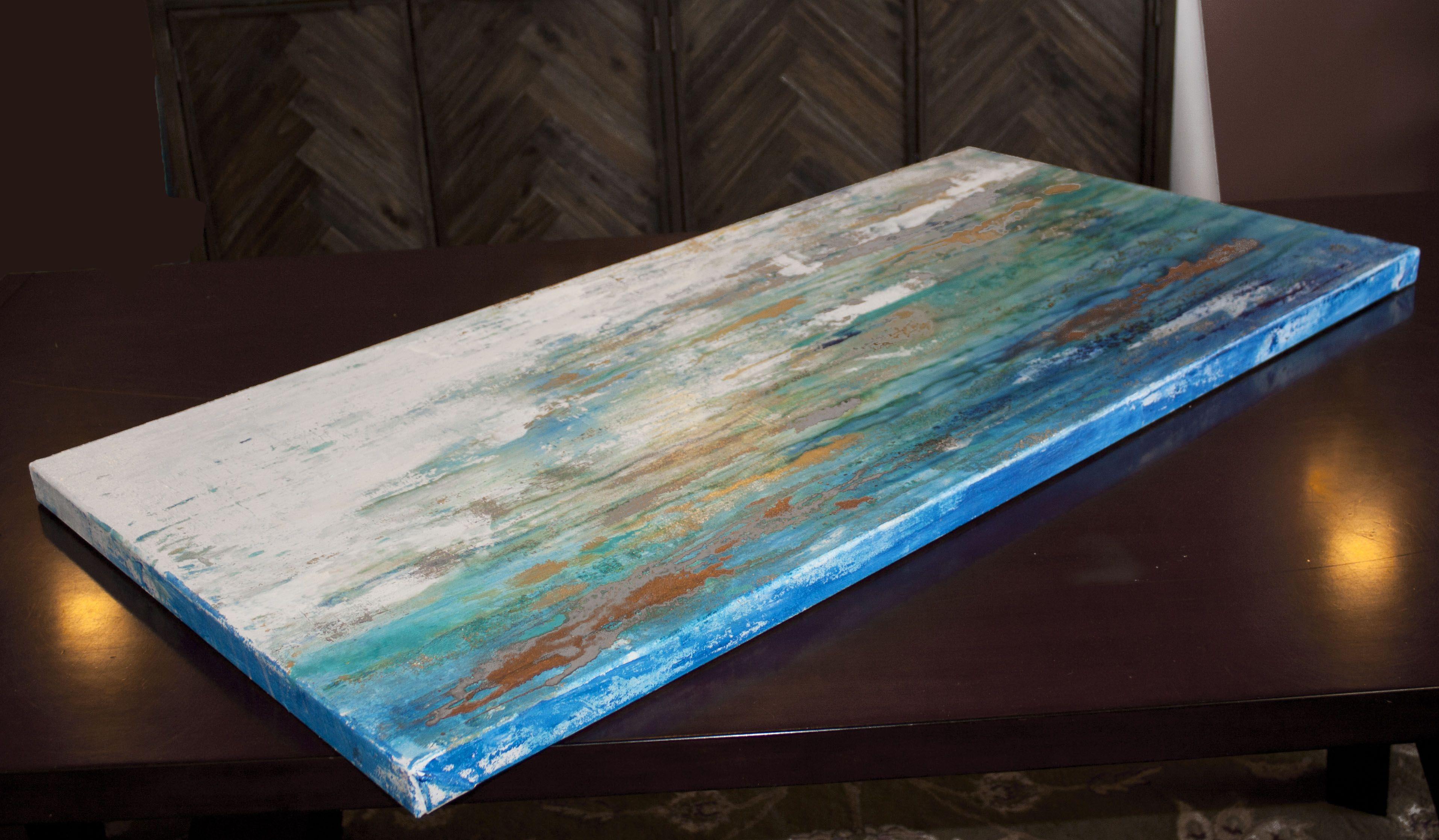 Saltwater 6 è un dipinto originale, realizzato con colori acrilici su tela avvolta in una galleria. Ha una larghezza di 48 pollici e un'altezza di 24 pollici con una profondità di 1,5 pollici (24x48x1,5).    I colori utilizzati nel dipinto sono