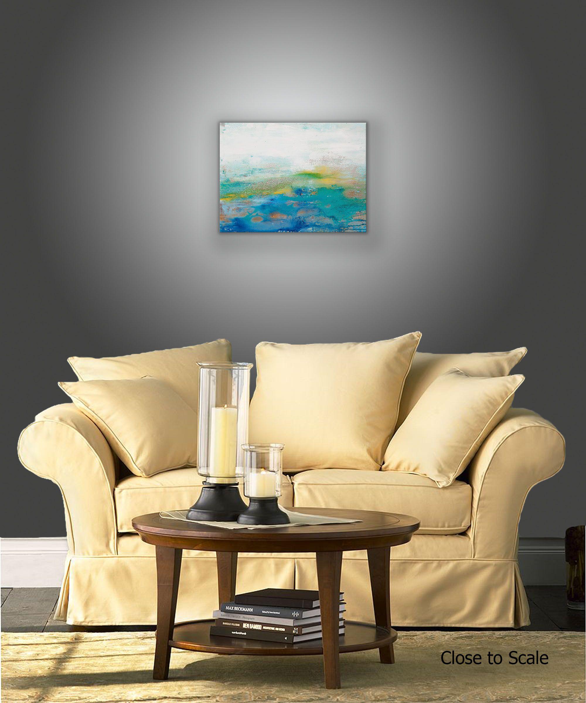 Salzwasser 9 ist ein Originalgemälde, das mit Acrylfarbe auf galerieumwickelter Leinwand gemalt wurde. Es hat eine Breite von 24 Zoll und eine Höhe von 18 Zoll mit einer Tiefe von 1,5 Zoll (18x24x1,5). Dieses Gemälde kann vertikal oder horizontal
