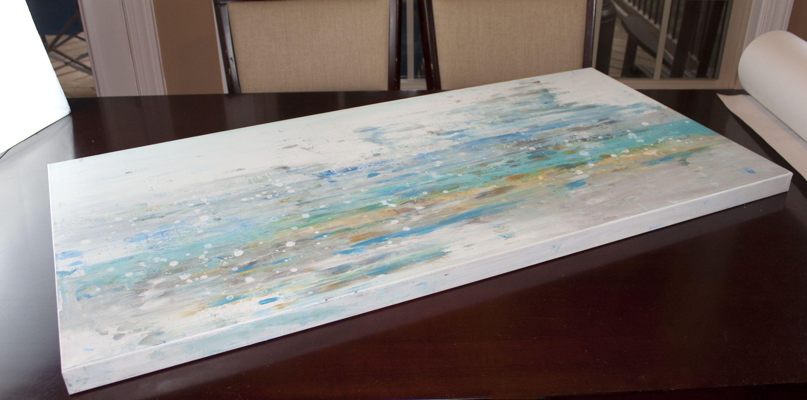 Rocío marino 5 es un cuadro original, creado con pintura acrílica sobre lienzo envuelto para galería. Tiene una anchura de 48 pulgadas y una altura de 24 pulgadas con una profundidad de 1,5 pulgadas (24x48x1,5).     Los colores utilizados en el