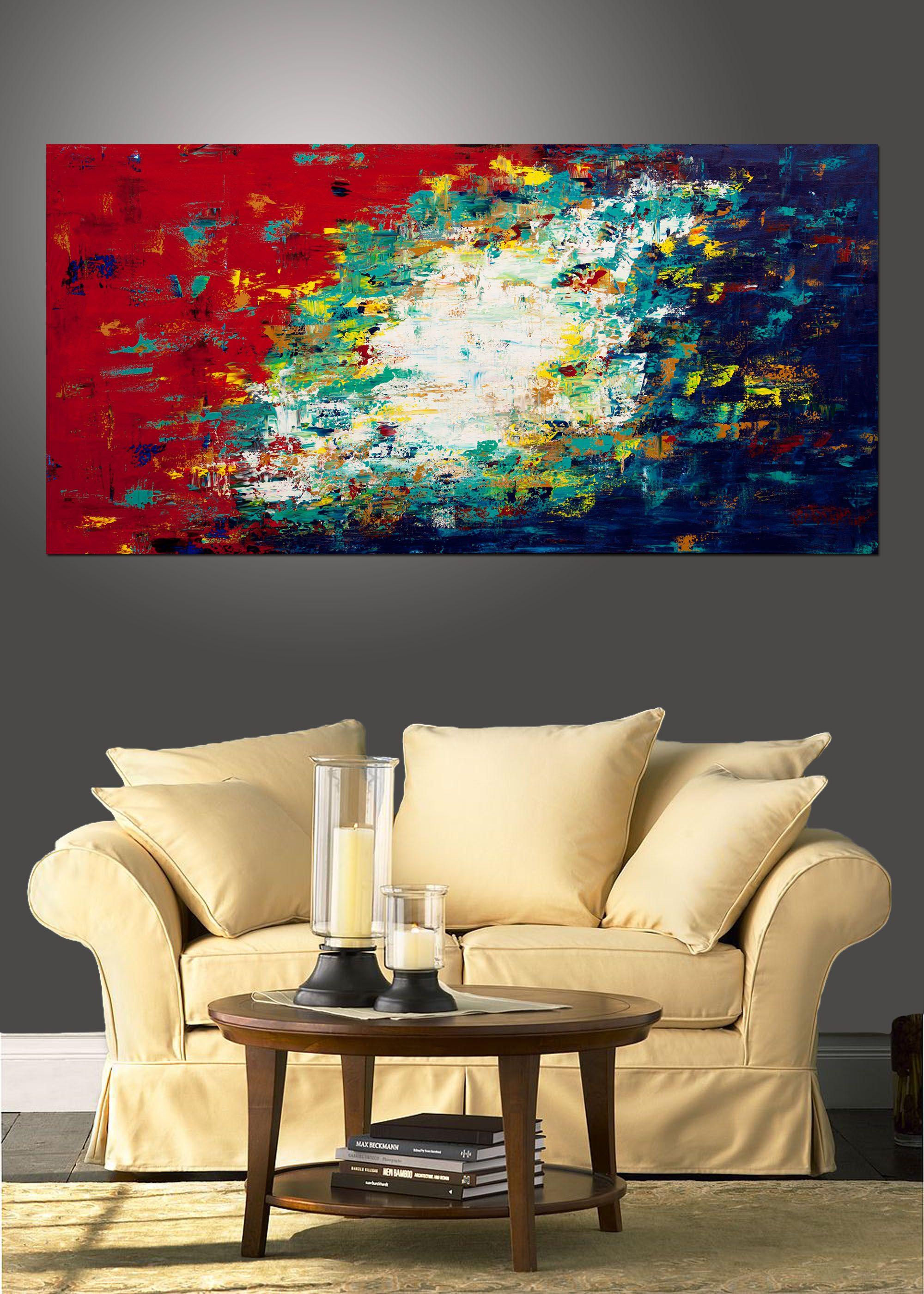 Searching 14 è un dipinto originale di arte moderna realizzato con colori acrilici su tela Genie pieghevole avvolta in galleria. Questo quadro di grandi dimensioni ha una larghezza di 72 pollici e un'altezza di 36 pollici con una profondità di 1,75