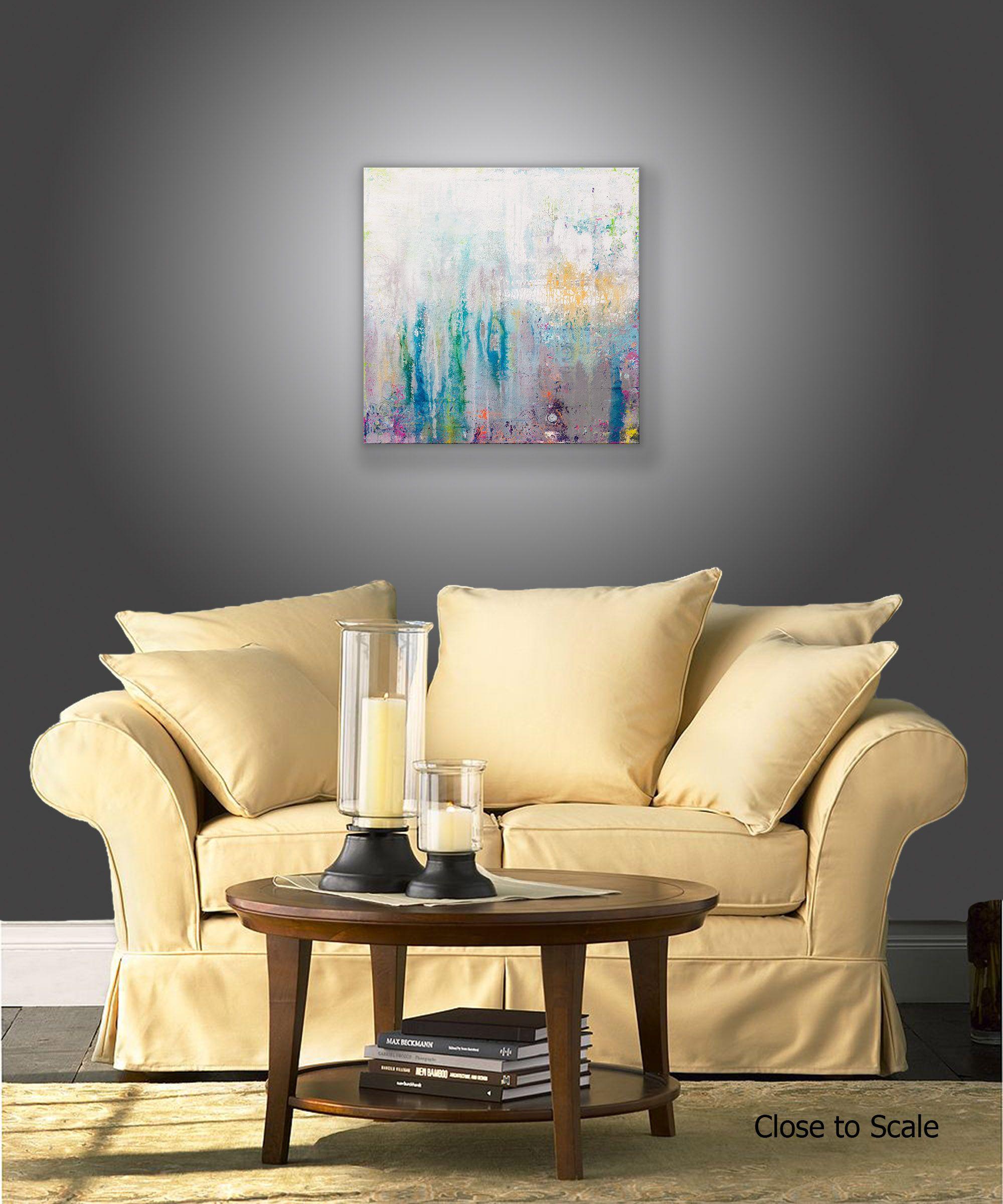 Spacetime ist ein Originalgemälde, das mit Acrylfarbe auf galerieumwickelter Leinwand gemalt wurde. Es hat eine Breite von 24 Zoll und eine Höhe von 24 Zoll mit einer Tiefe von 1 Zoll (24x24x1).    Die Farben des Gemäldes sind weiß, blaugrün, blau,