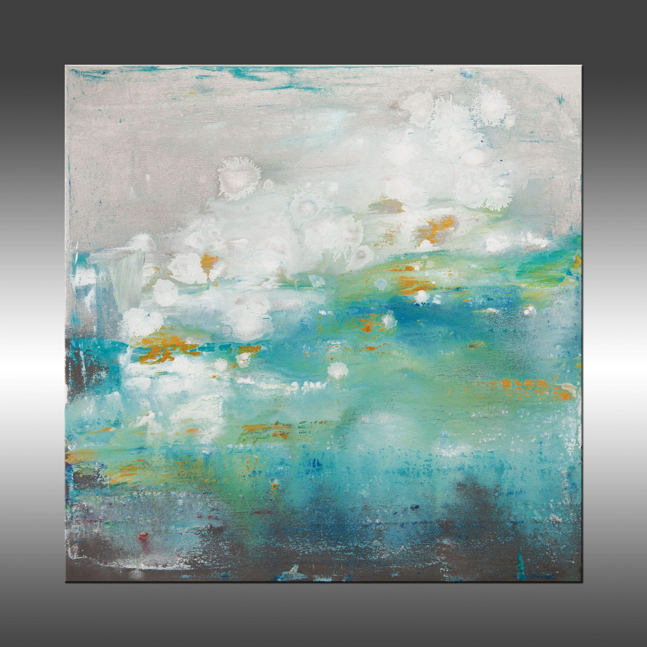 Stratosphere 12 is an original painting, created with acrylic paint on gallery-wrapped canvas. It has a width of 20 inches and a height of 20 inches with a depth of 1.5 inches (20x20x1.5).     The colors used in the painting are teal, blue, white,