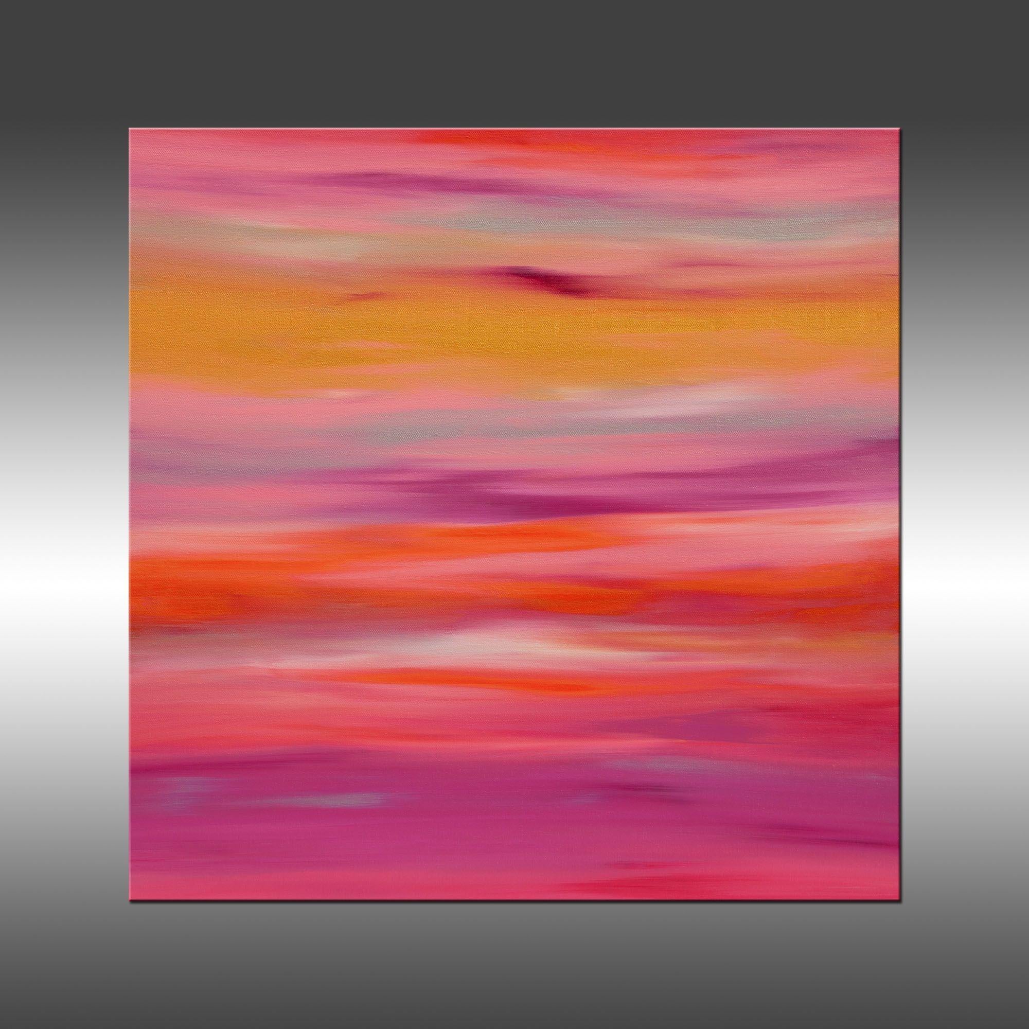 Sunrise 48 is an original painting, created with acrylic paint on gallery-wrapped canvas. It has a width of 30 inches and a height of 30 inches with a depth of 1 inch (30x30x1).     The colors used in the painting are fuchsia, pink, orange, white,