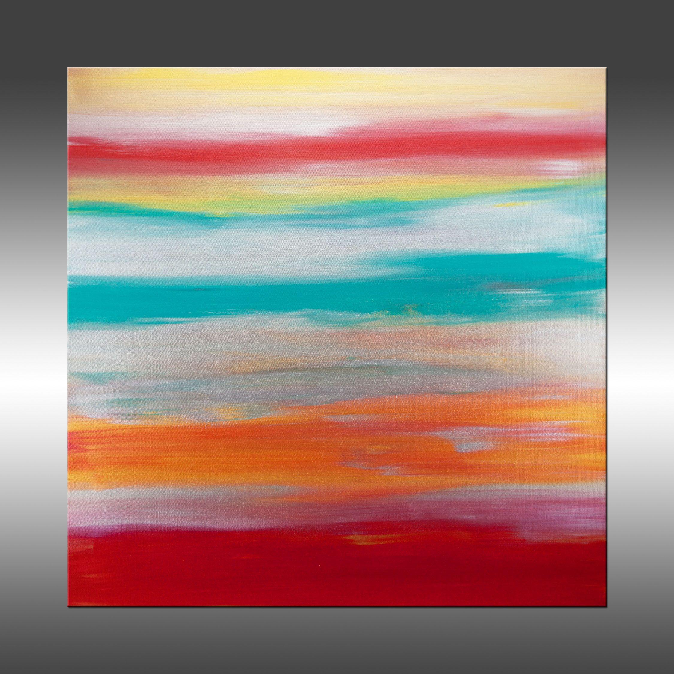 Sunrise 53 is an original painting, created with acrylic paint on gallery-wrapped canvas. It has a width of 24 inches and a height of 24 inches with a depth of 1.5 inches (24x24x1.5).     The colors used in the painting are red, turquoise, and