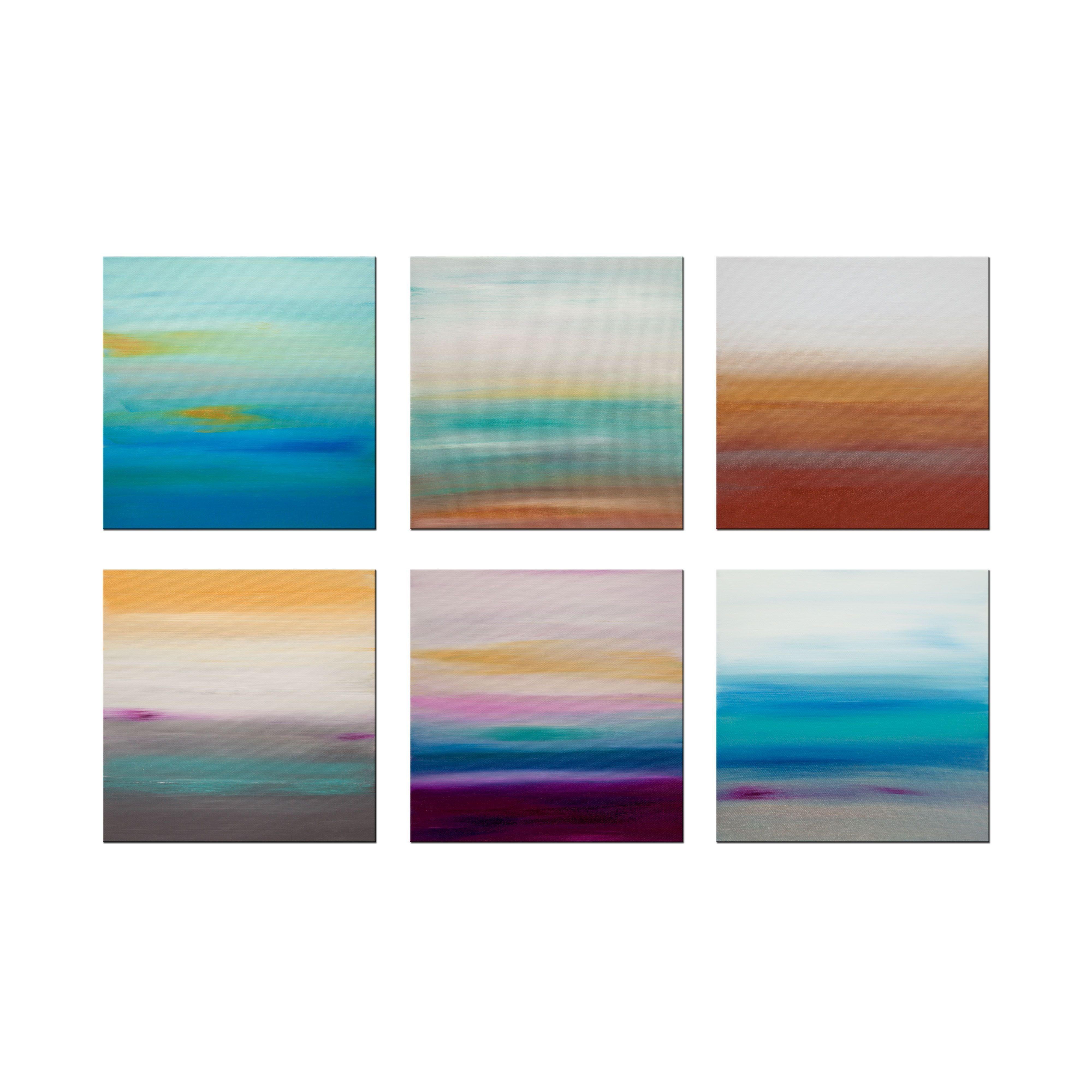 Sunrise Series Collection 10 is an original painting created with acrylic paint on gallery-wrapped canvas. It has a width of 30 inches and a height of 20 inches with a depth of 1.5 inches (20x30x1.5). There are six, individual 10x10x1.5 inch