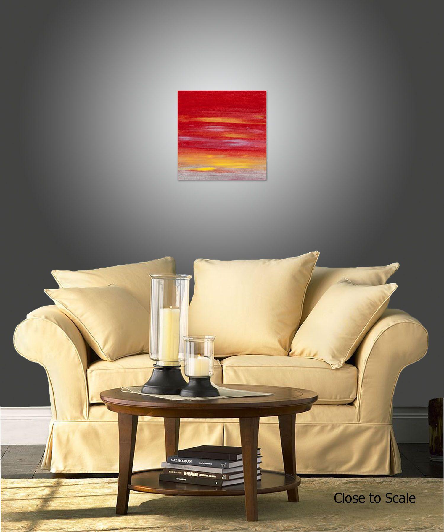 Sunset 54 ist ein originelles, modernes Gemälde aus der Sunset-Serie. Dieses einzigartige zeitgenössische Originalgemälde wurde mit Acrylfarbe auf galerieumwickelter Leinwand geschaffen.    Es hat eine Breite von 20 Zoll und eine Höhe von 20 Zoll