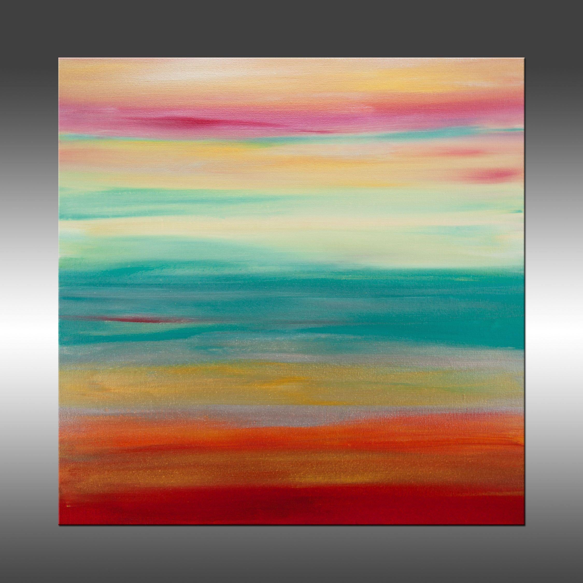 Sunset 59 is an original painting, created with acrylic paint on gallery-wrapped canvas. It has a width of 20 inches and a height of 20 inches with a depth of 1.5 inches (20x20x1.5).     The colors used in the painting are red, turquoise, off-white,
