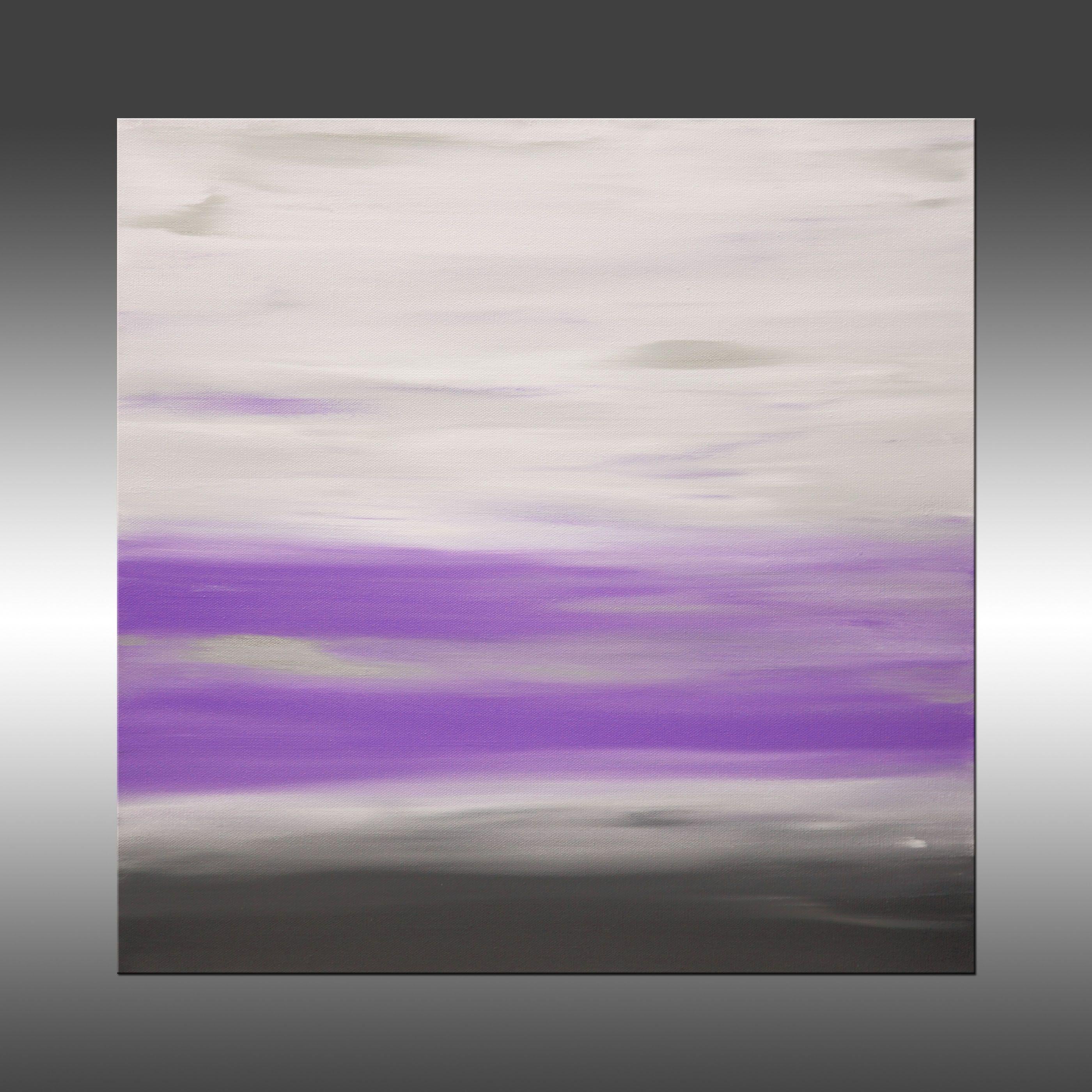 Sunset 63 is an original painting, created with acrylic paint on gallery-wrapped canvas. It has a width of 20 inches and a height of 20 inches with a depth of 1.5 inches (20x20x1.5).    The colors used in the painting are white, purple, silver, and