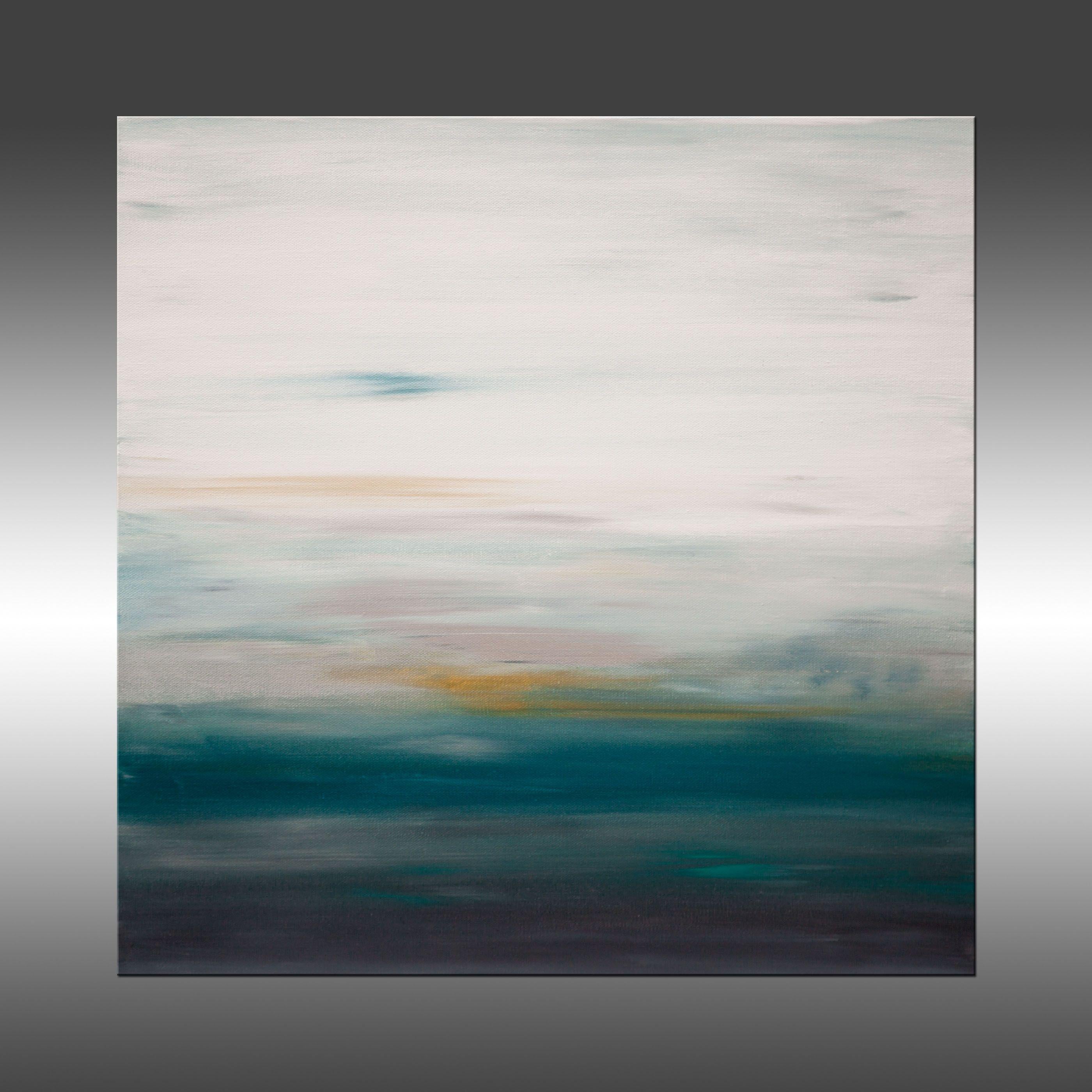 Sunset 65 is an original painting, created with acrylic paint on gallery-wrapped canvas. It has a width of 20 inches and a height of 20 inches with a depth of 1.5 inches (20x20x1.5).     The colors used in the painting are white, blue, grey, teal,