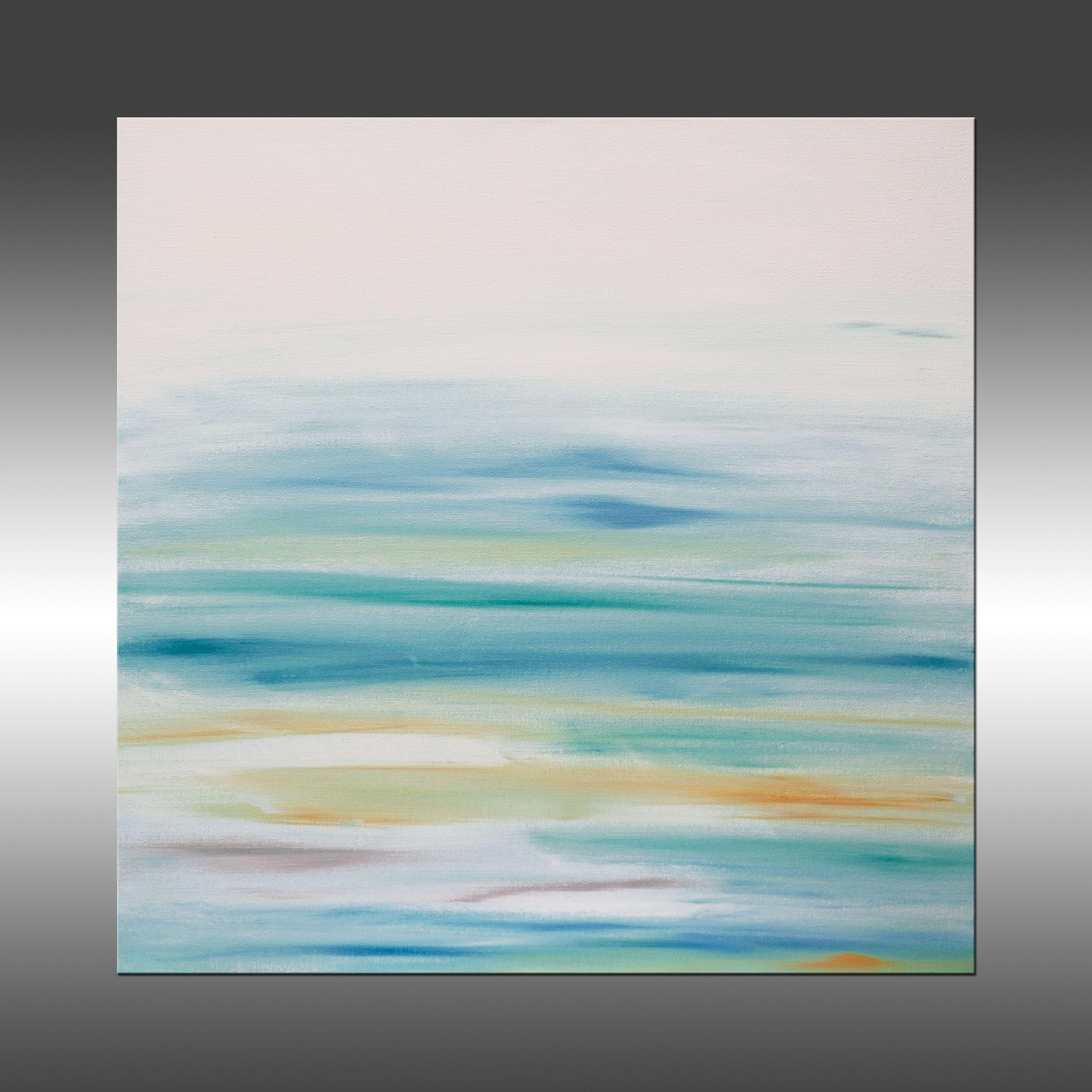 Sunset 67 is an original painting, created with acrylic paint on gallery-wrapped canvas. It has a width of 20 inches and a height of 20 inches with a depth of 1.5 inches (20x20x1.5).    The colors used in the painting are white, blue, teal, gold,