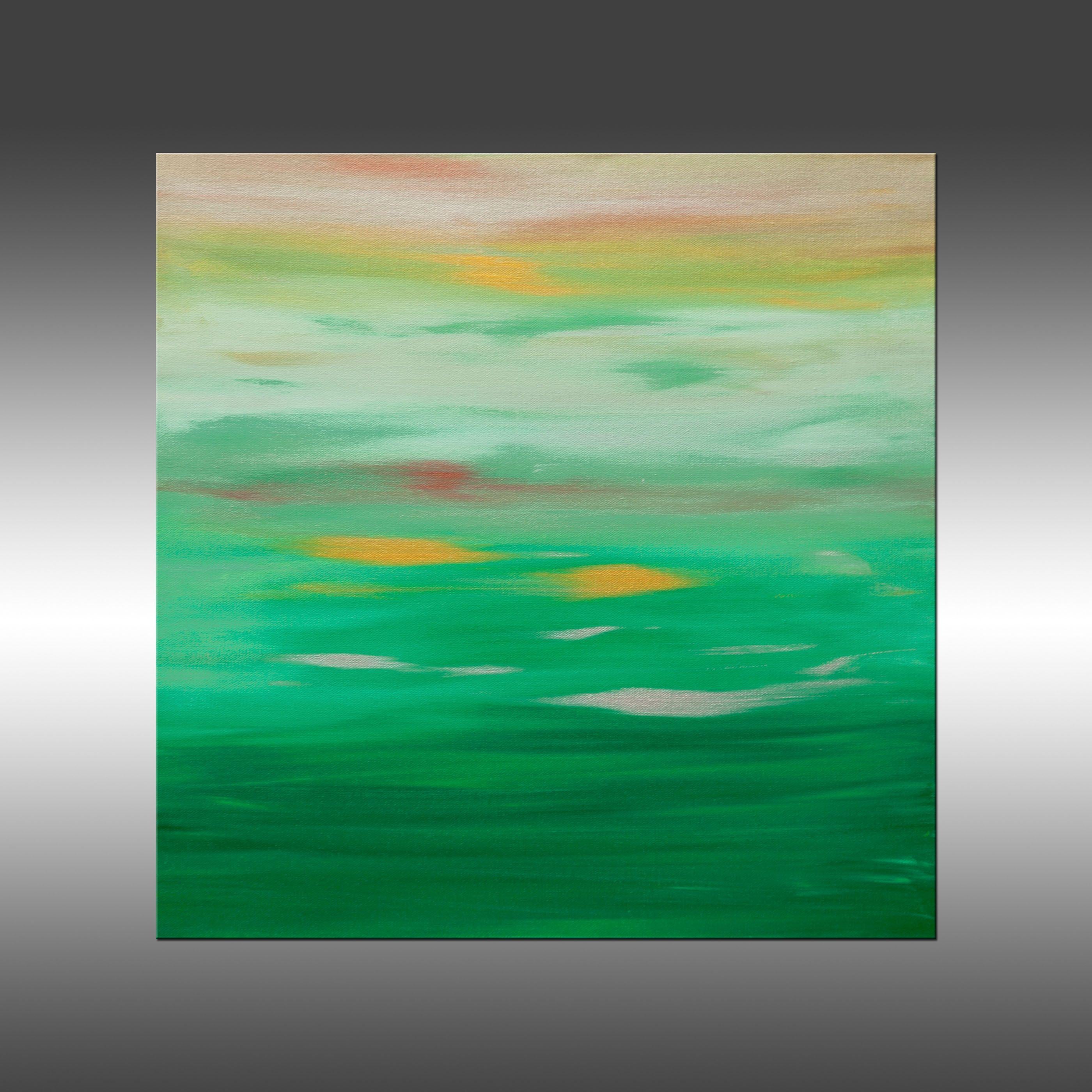Sunset 68 is an original painting, created with acrylic paint on gallery-wrapped canvas. It has a width of 20 inches and a height of 20 inches with a depth of 1.5 inches (20x20x1.5).    The colors used in the painting are green, off-white, copper,