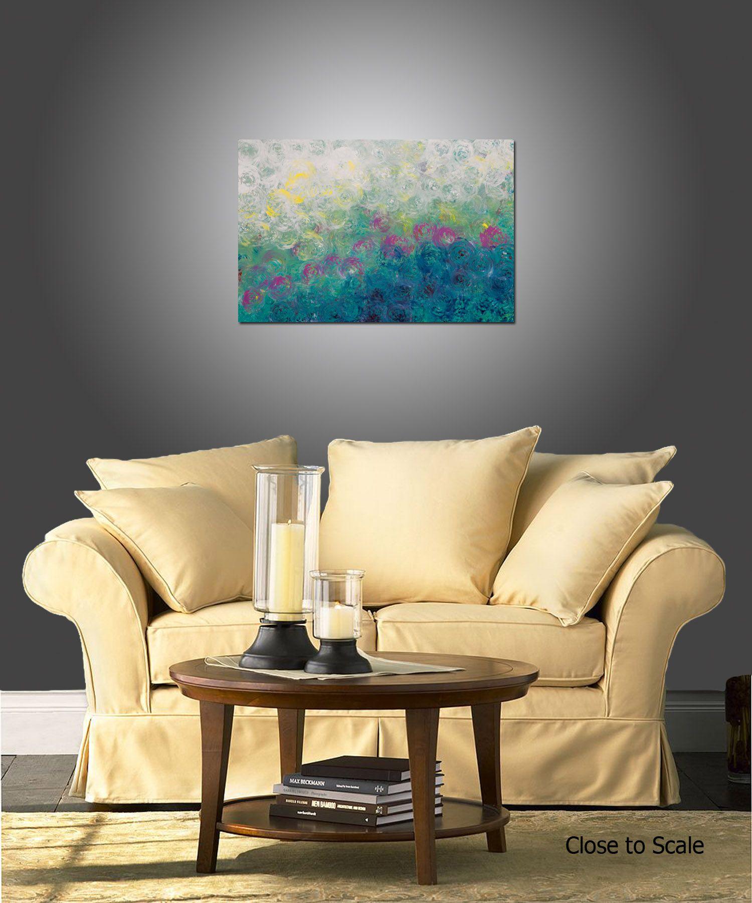 Synchronicity 11 is an original painting, created with acrylic paint on gallery-wrapped canvas. It has a width of 36 inches and a height of 24 inches with a depth of 1.5 inches (36x24x1.5).    The colors used in the painting are white, teal,