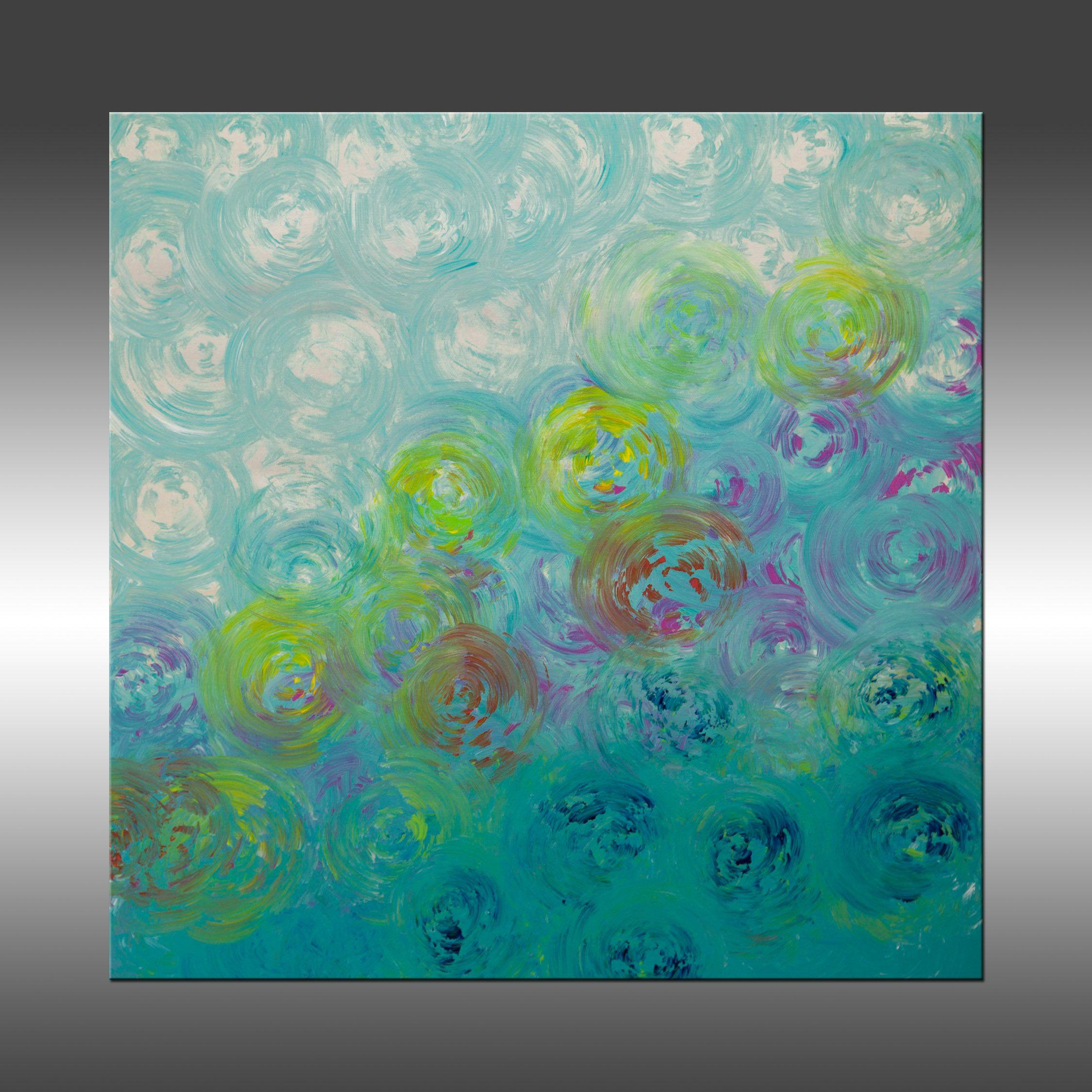 Synchronicity 14 is an original painting, created with acrylic paint on gallery-wrapped canvas. It has a width of 20 inches and a height of 20 inches with a depth of 1.5 inches (20x20x1.5).    The colors used in the painting are white, teal, blue,