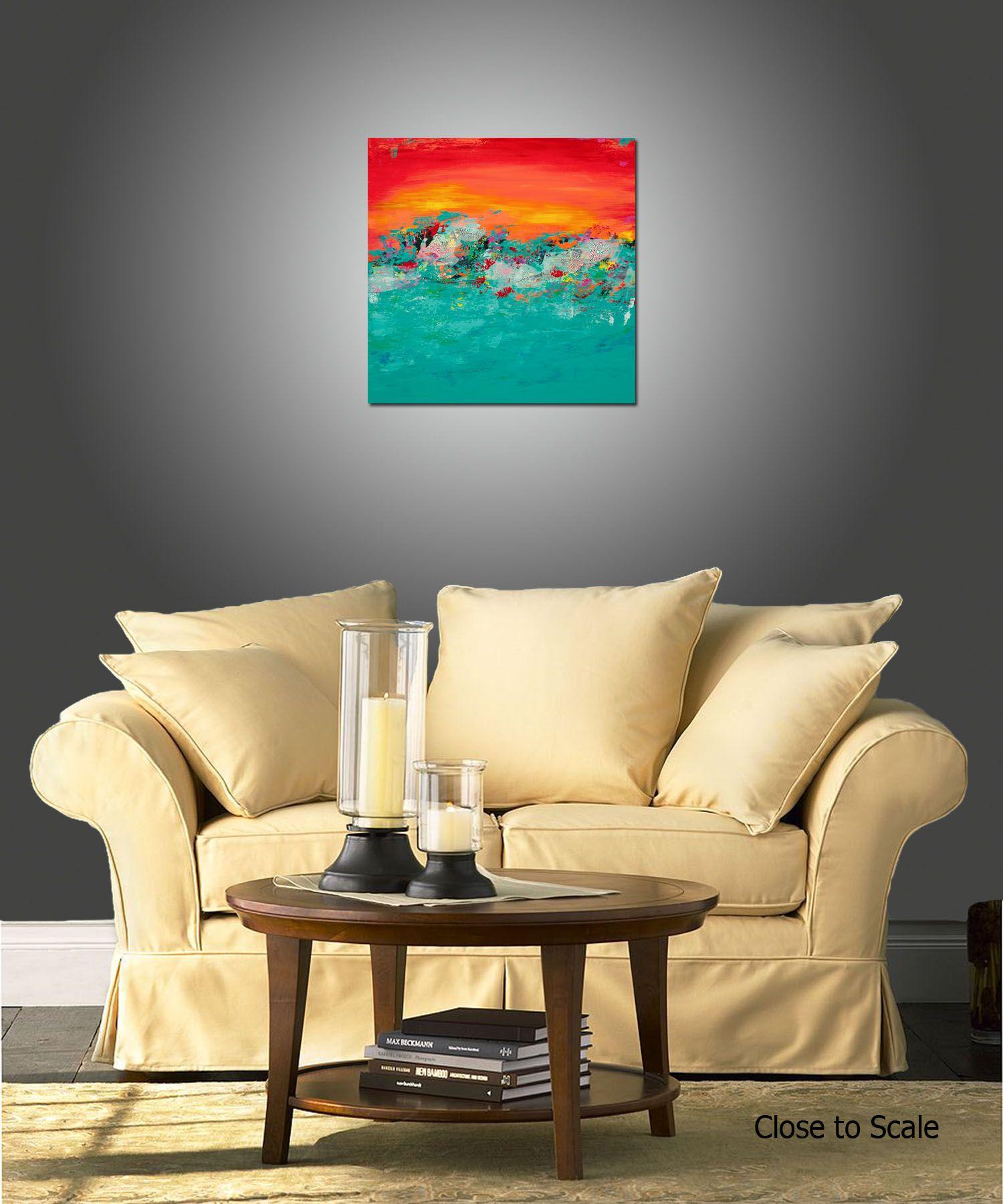 Tropical Paradise 2 ist ein modernes Originalgemälde aus der Serie Abstract Landscape. Dieses einzigartige Gemälde wurde mit Acrylfarben und Mischtechniken auf einer in die Galerie eingewickelten Leinwand geschaffen. Es hat eine Breite von 24 Zoll