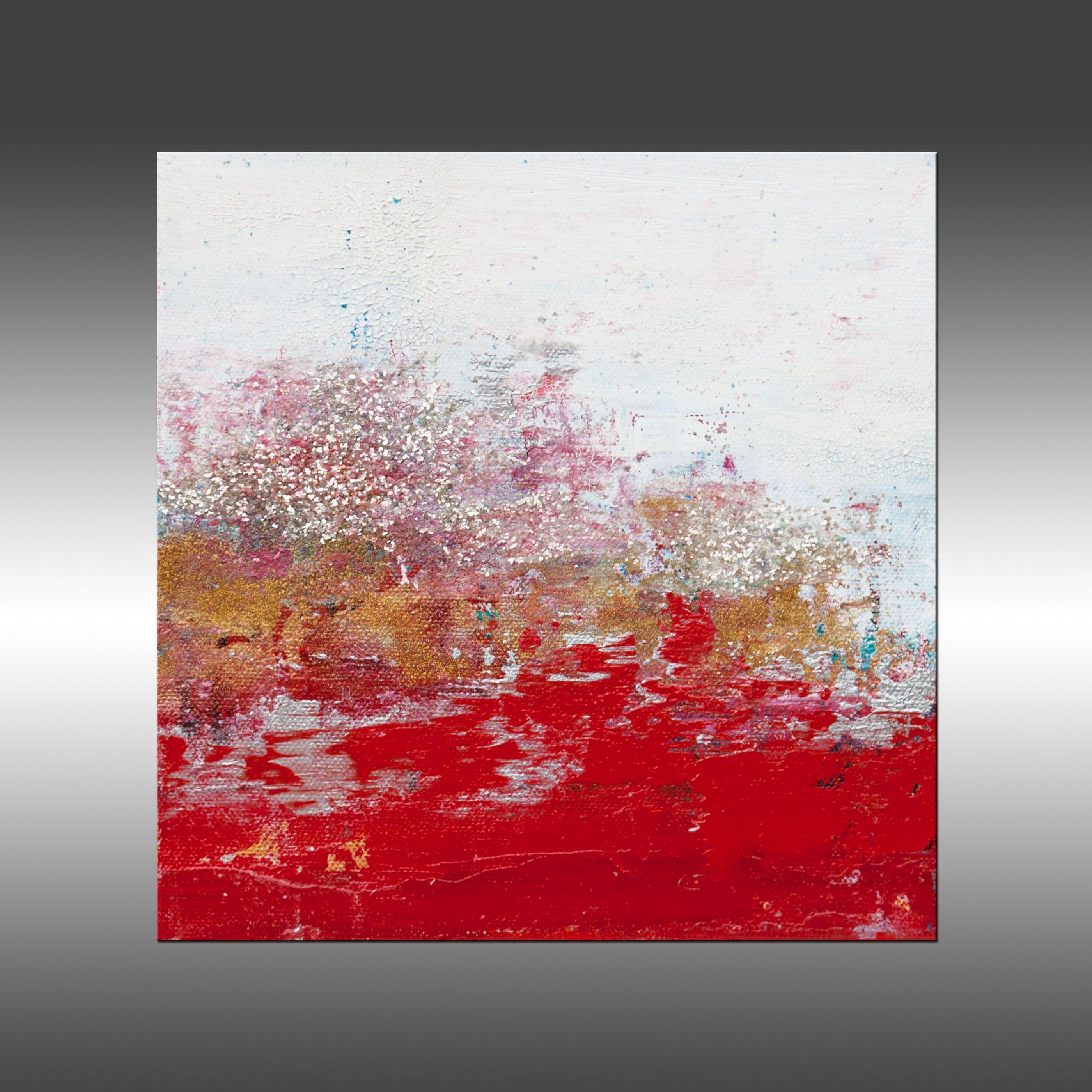 Views of Nature 72 is an original painting, created with acrylic paint on gallery-wrapped canvas. It has a width of 8 inches and a height of 8 inches with a depth of 1.5 inches (8x8x1.5).    The colors used in the painting are white, red, blue,