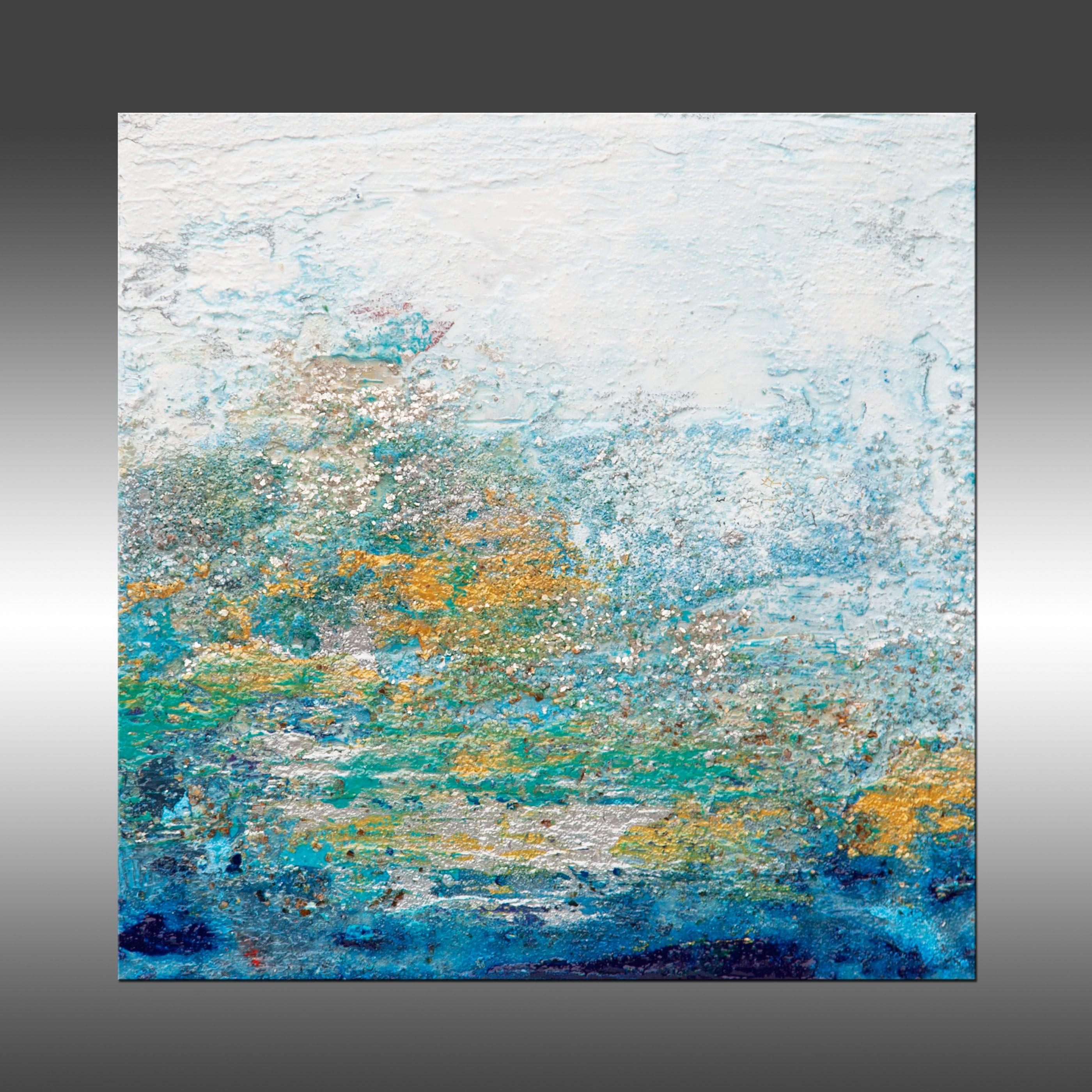 Views of Nature 73 is an original painting, created with acrylic paint on gallery-wrapped canvas. It has a width of 8 inches and a height of 8 inches with a depth of 1.5 inches (8x8x1.5).    The colors used in the painting are white, blue, gray,