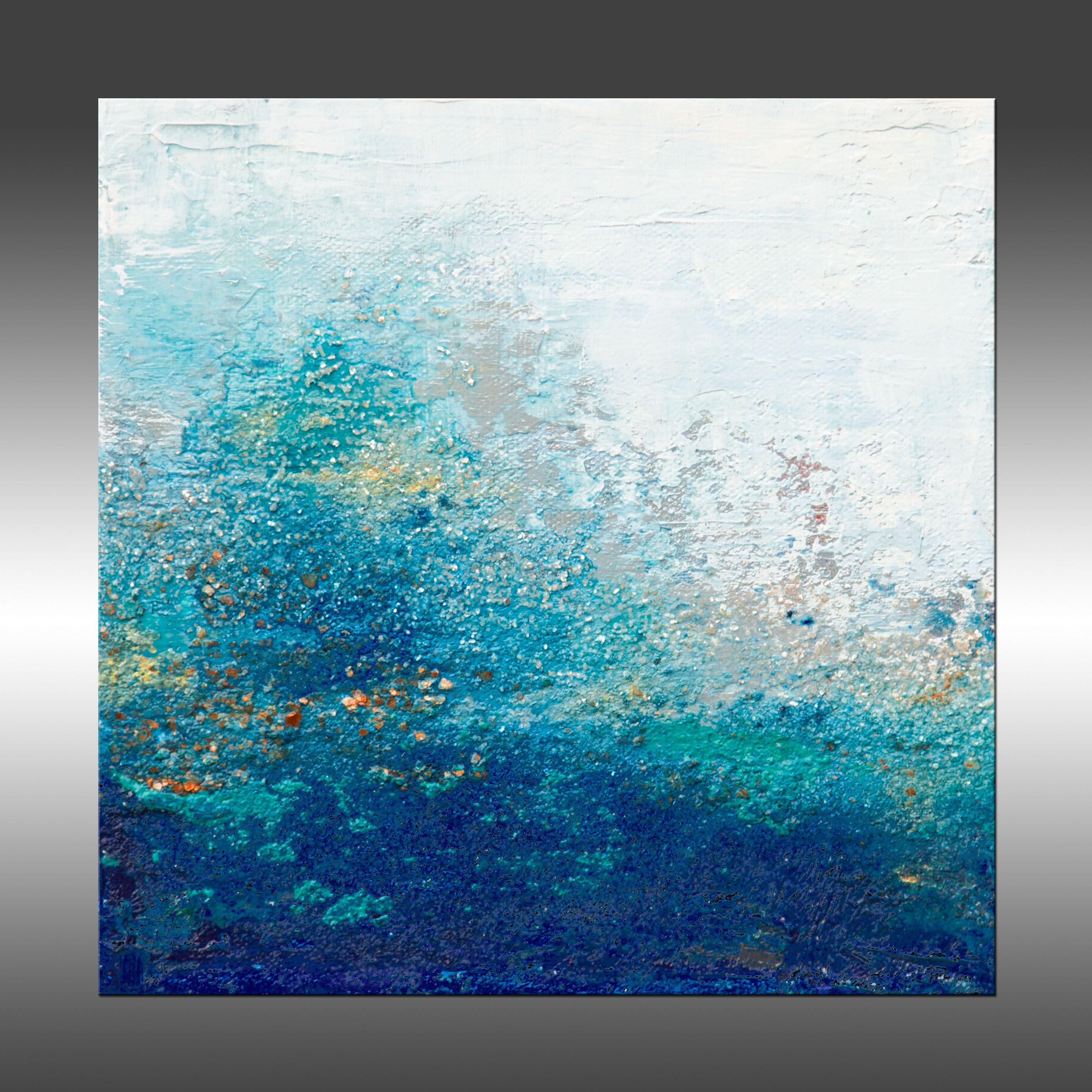 Views of Nature 74 is an original painting, created with acrylic paint on gallery-wrapped canvas. It has a width of 8 inches and a height of 8 inches with a depth of 1.5 inches (8x8x1.5).    The colors used in the painting are white, blue, gray,